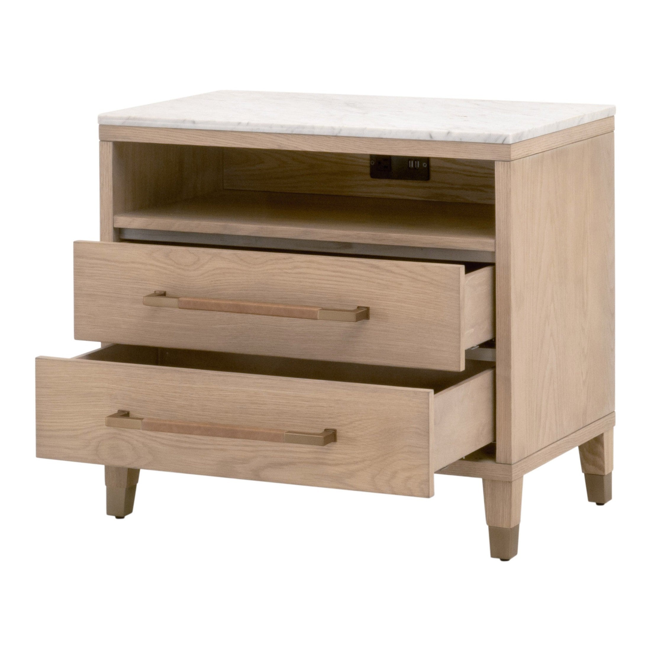 Cambria 2-Drawer Nightstand with marble top, oak frame, USB ports, and drawers by Essentials for Living