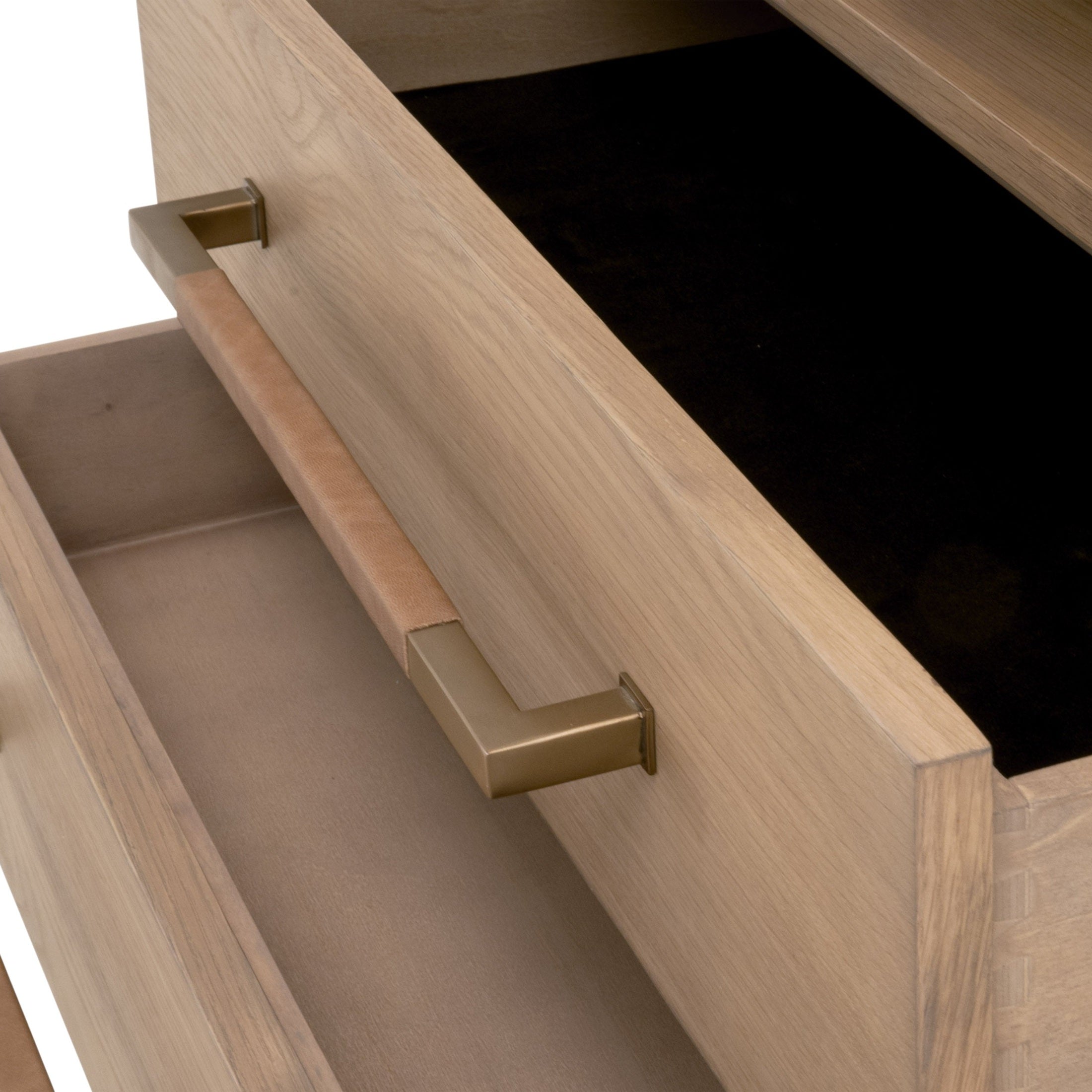 Close-up of the felt-lined top drawer with aged brass handle on Cambria 2-Drawer Nightstand by Essentials for Living