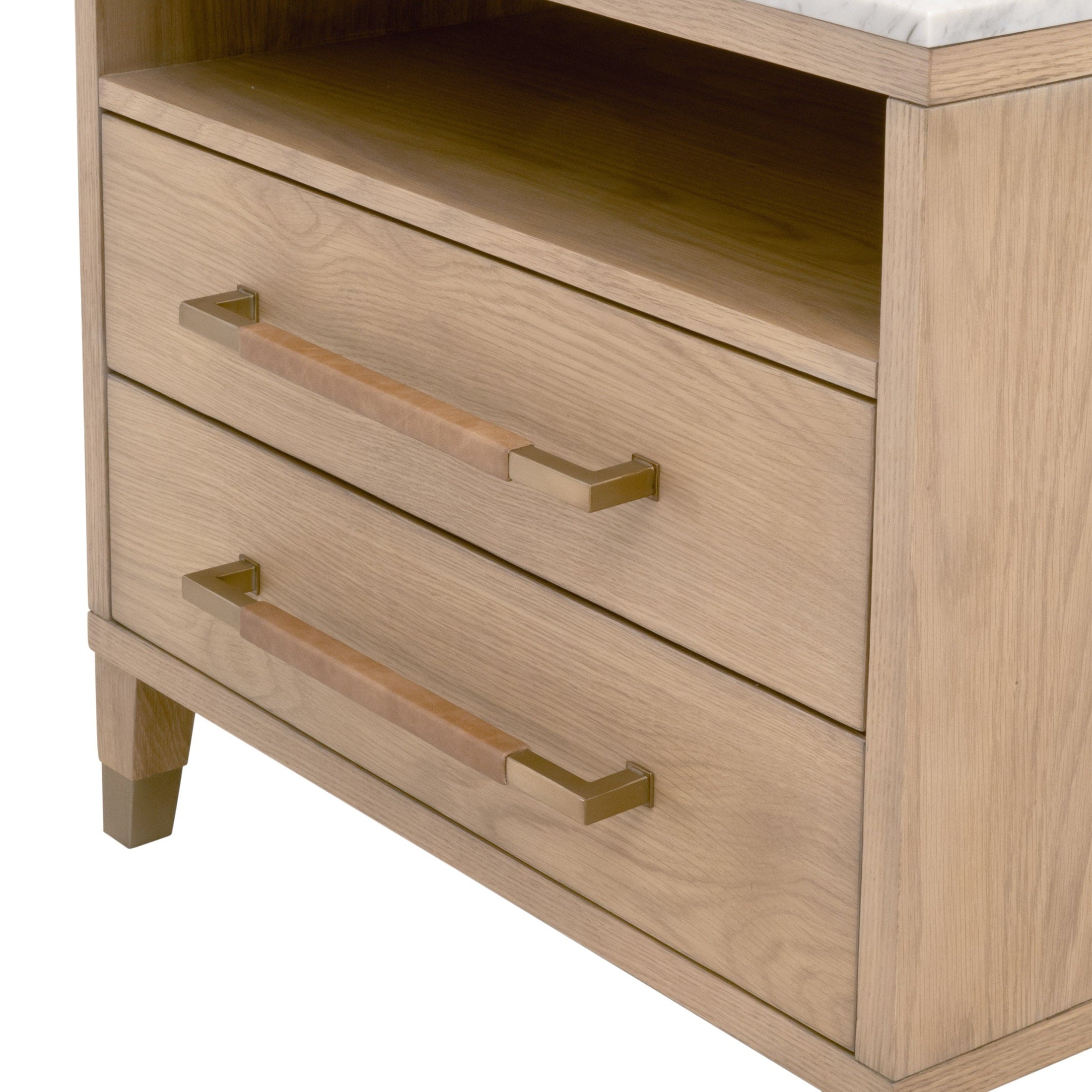 Cambria 2-Drawer Nightstand with open cubby and brass handles in Dutch brown oak by Essentials for Living