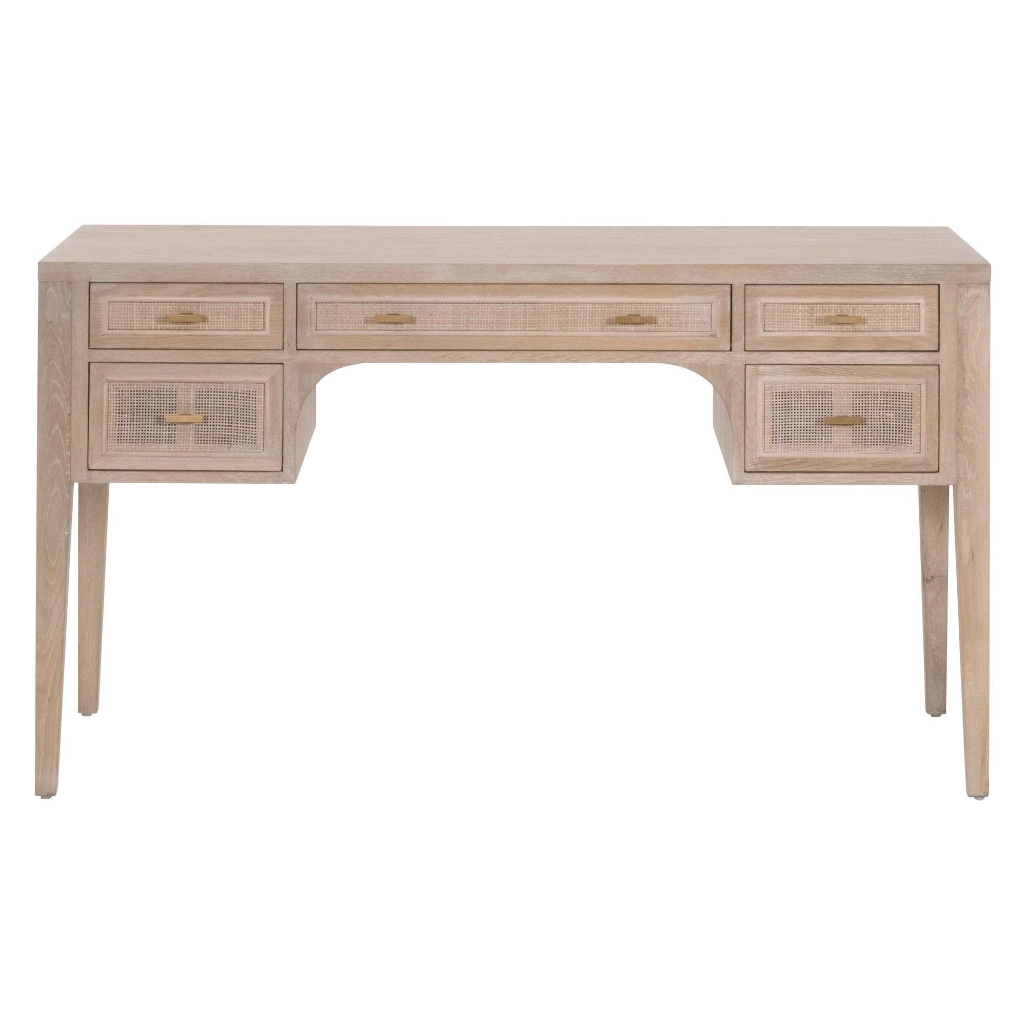 Essentials For Living Cane Desk in smoke gray oak with natural cane inlay and five storage drawers