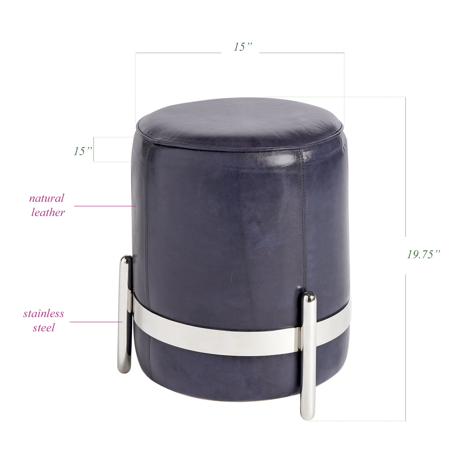 Navy blue leather Cayman Stool with polished nickel base, sculptural cylindrical design by GO HOME