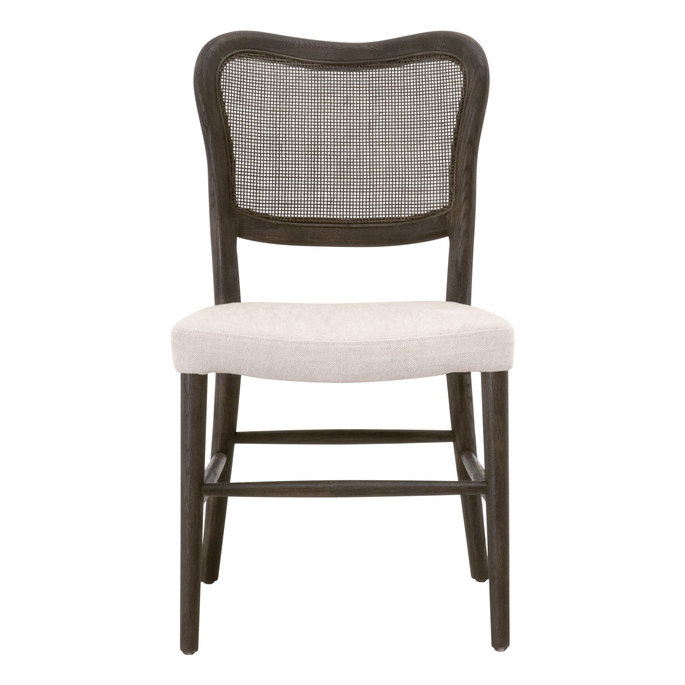 Dining chair with solid oak frame in natural gray and handwoven cane backrest with upholstered bisque seat