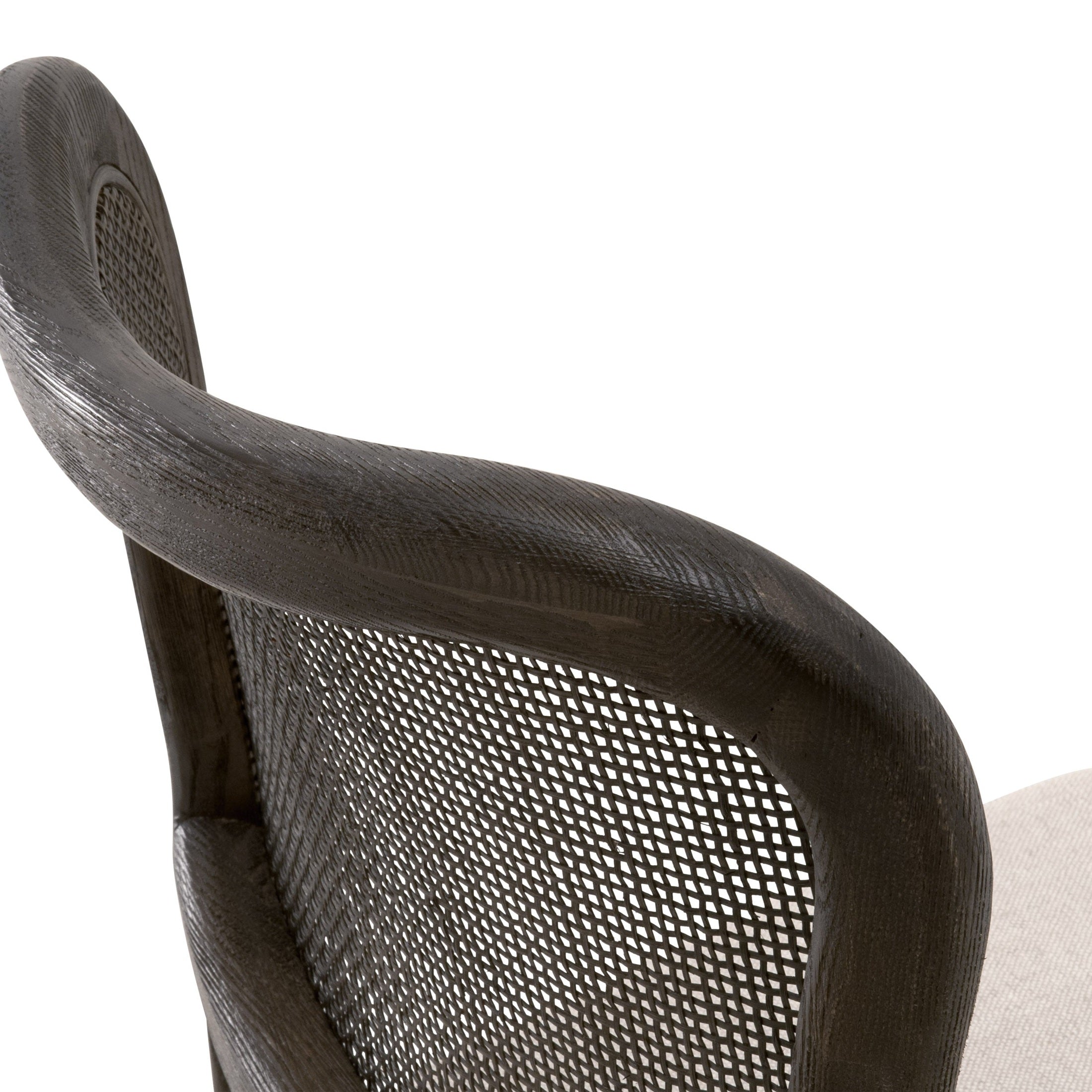 Close-up of Cela Dining Chair by Essentials for Living showing natural gray oak frame and handwoven cane backrest detail