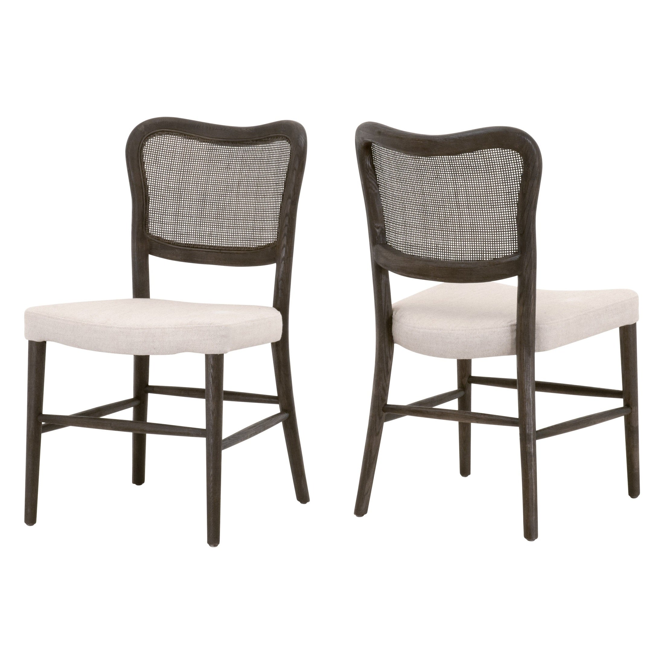 Set of 2 Cela Dining Chairs by Essentials for Living with solid wood frame, cane back, and bisque upholstered seats.