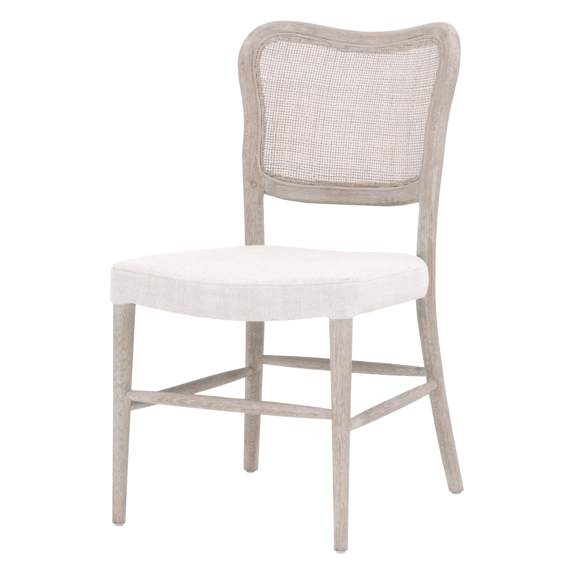 Essentials for Living Cela Dining Chair with solid oak frame, handwoven cane back, and upholstered bisque seat in natural gray finish