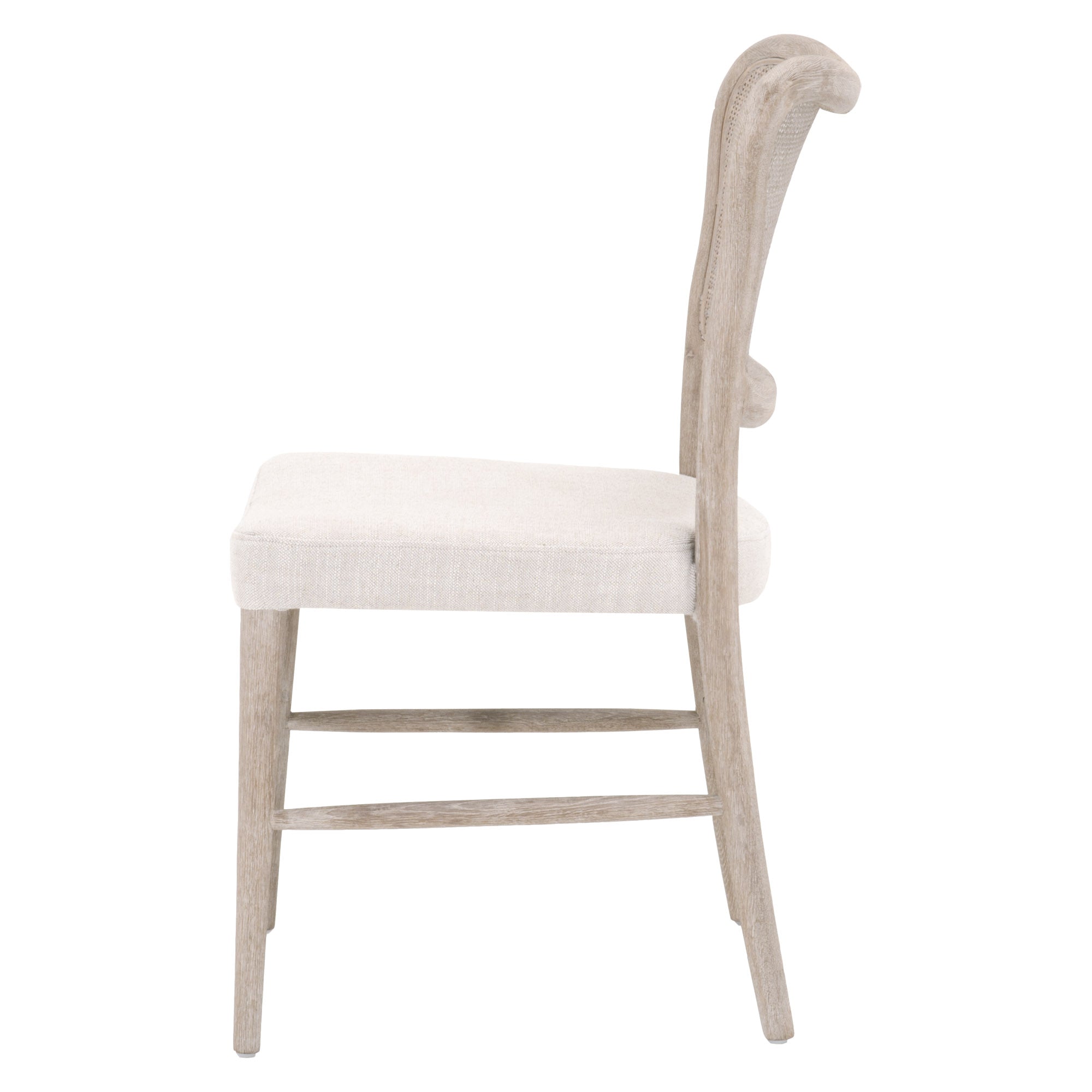 Side view of Cela Dining Chair with natural oak frame and bisque upholstered seat by Essentials For Living