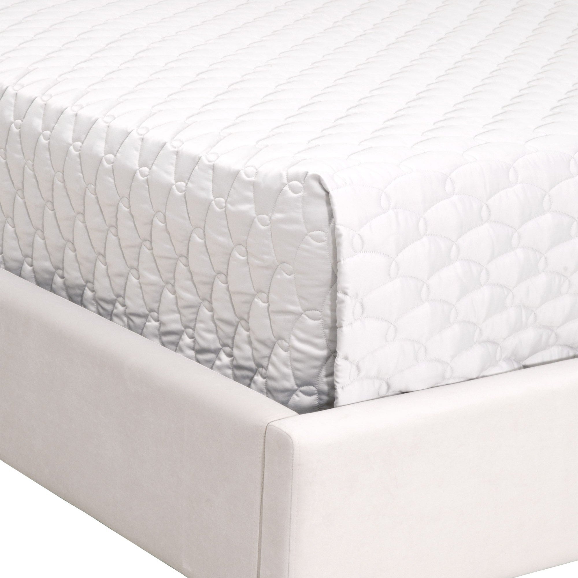 Close-up of cream velvet upholstered Chandler Standard King Bed frame corner by Essentials For Living