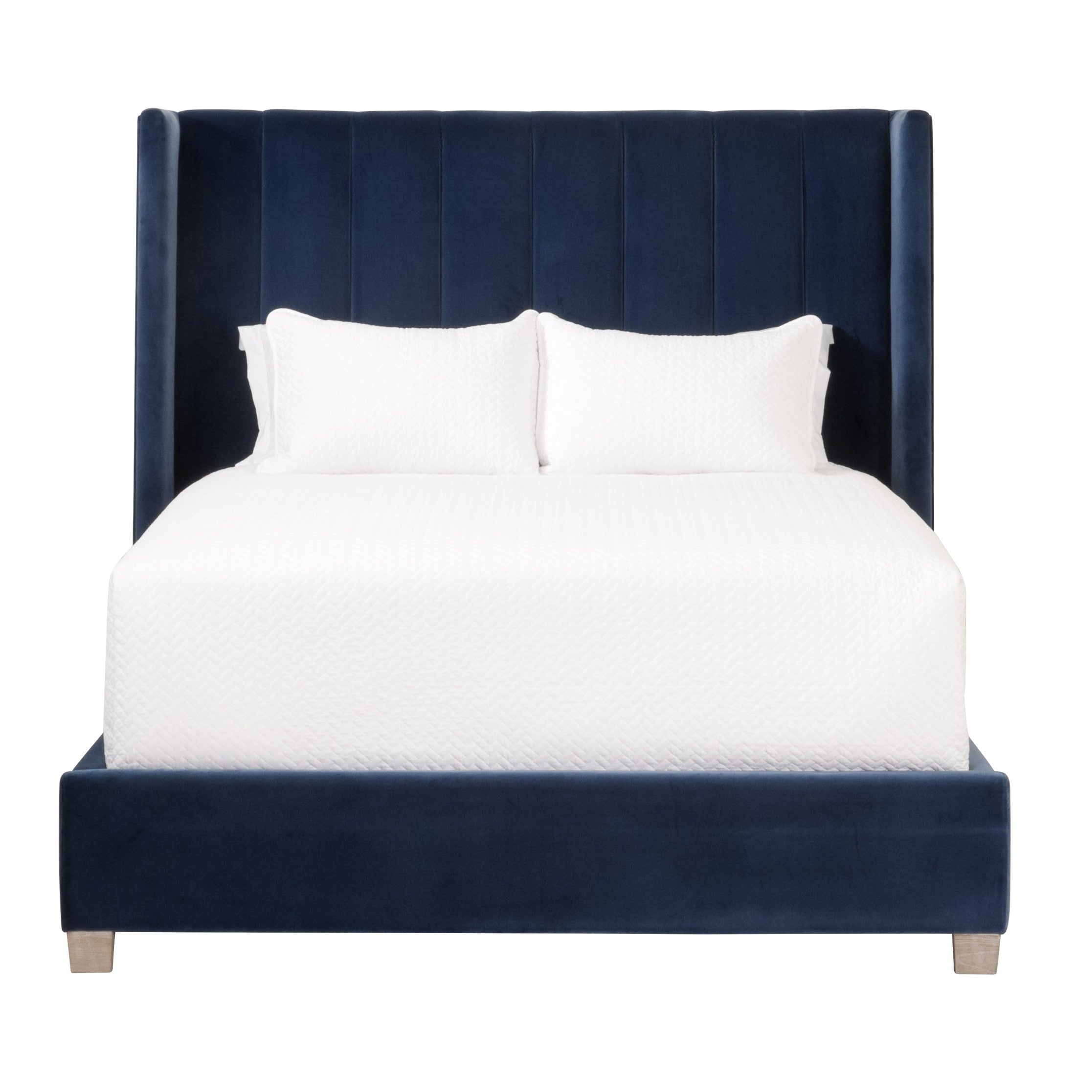 Chandler Queen Bed by Essentials for Living with navy velvet upholstery and vertical channel stitching on wingback headboard