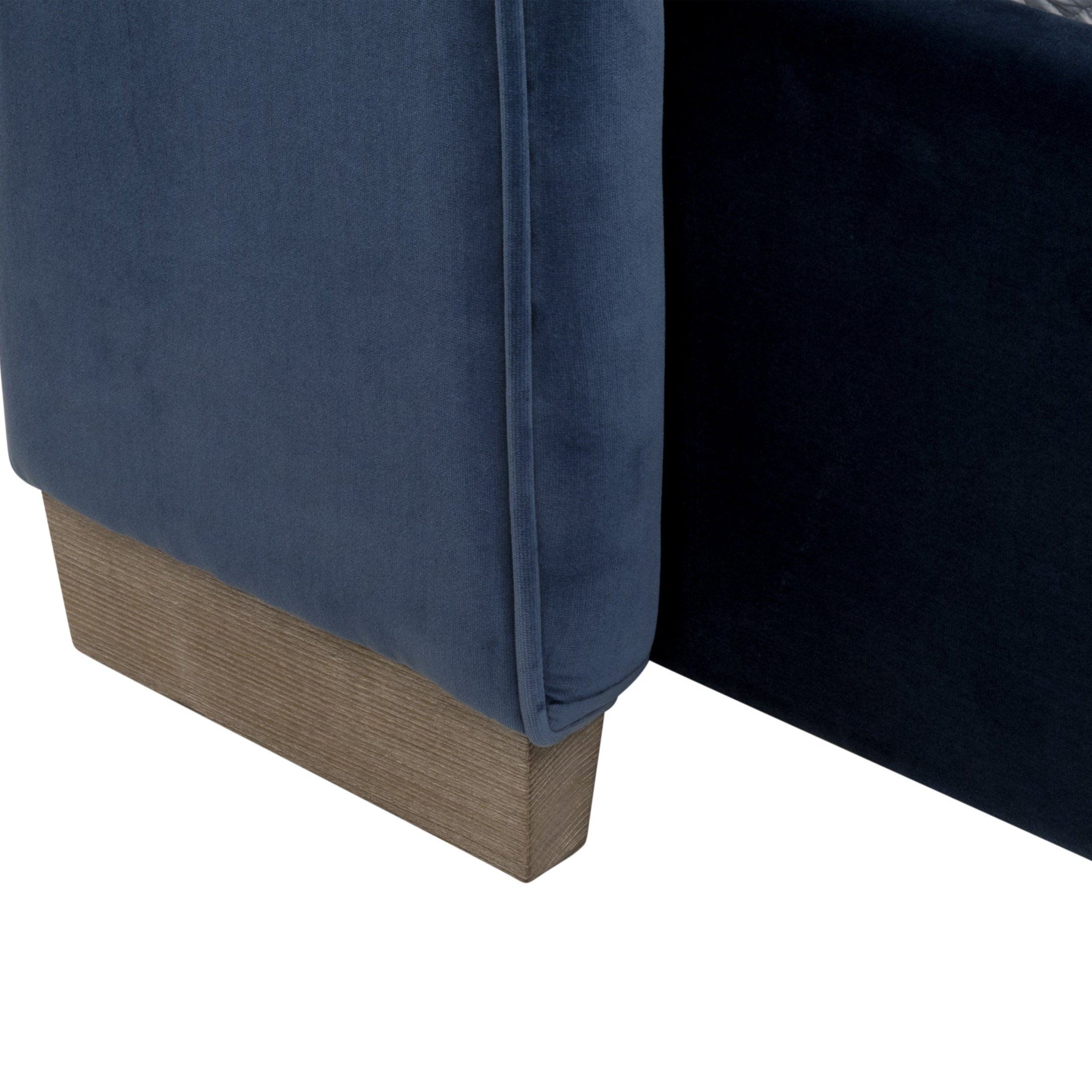 Close-up of Chandler Queen Bed blue velvet upholstery with solid oak foot in natural gray by Essentials For Living