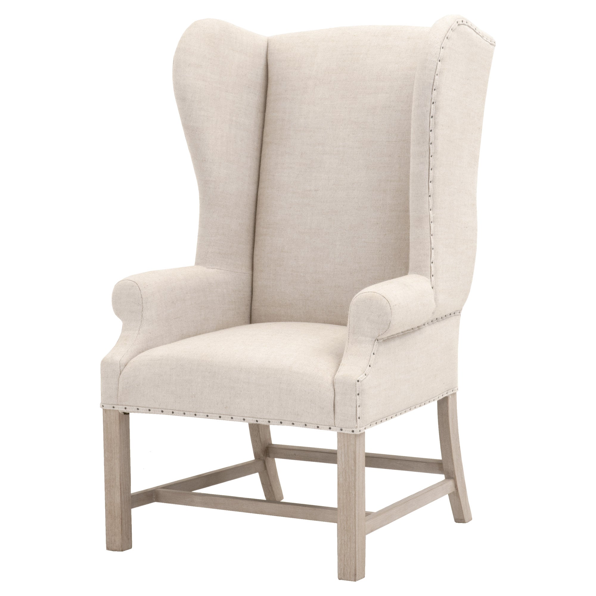 Essentials For Living Chateau Arm Chair with wingback design, bisque linen upholstery, nail tack detail, and natural gray ash wood frame
