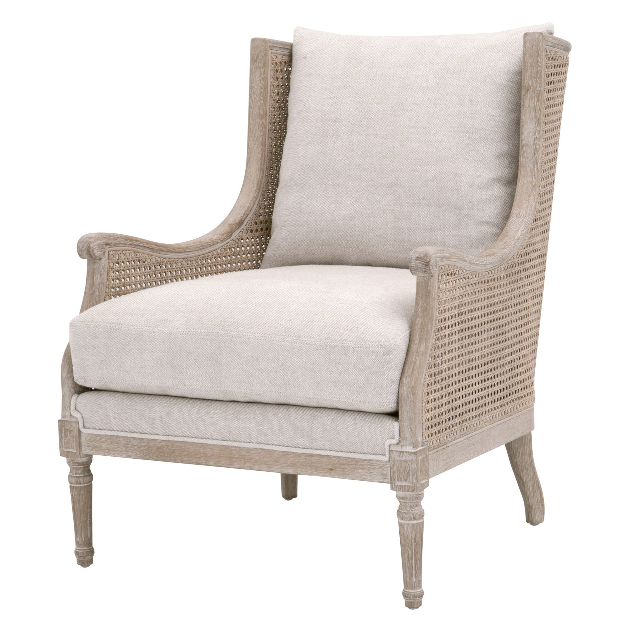 Churchill Club Chair by Essentials for Living with beige linen cushions and natural gray oak frame with rattan cane sides.