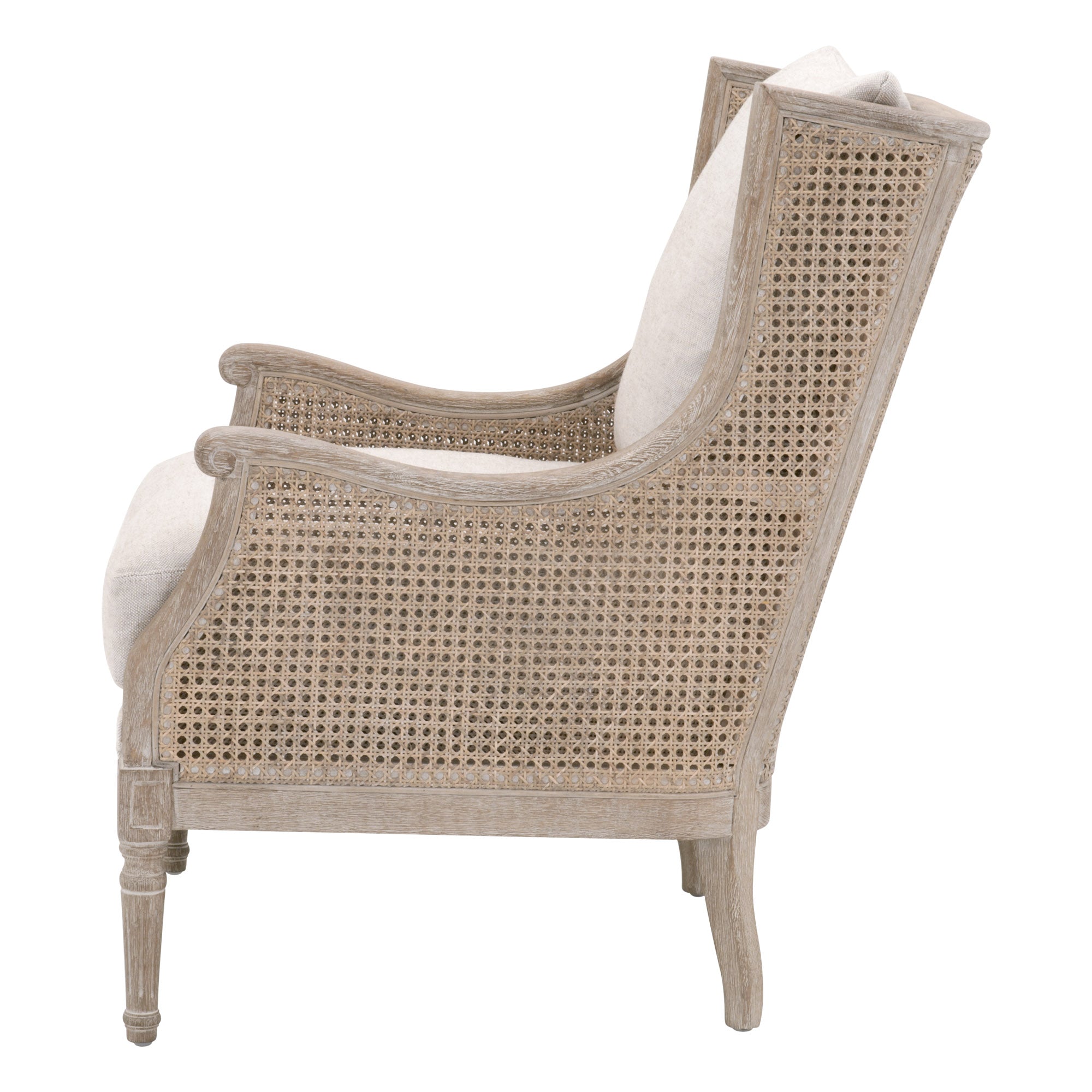 Side view of Essentials for Living Churchill Club Chair with natural gray oak frame and beige linen cushions