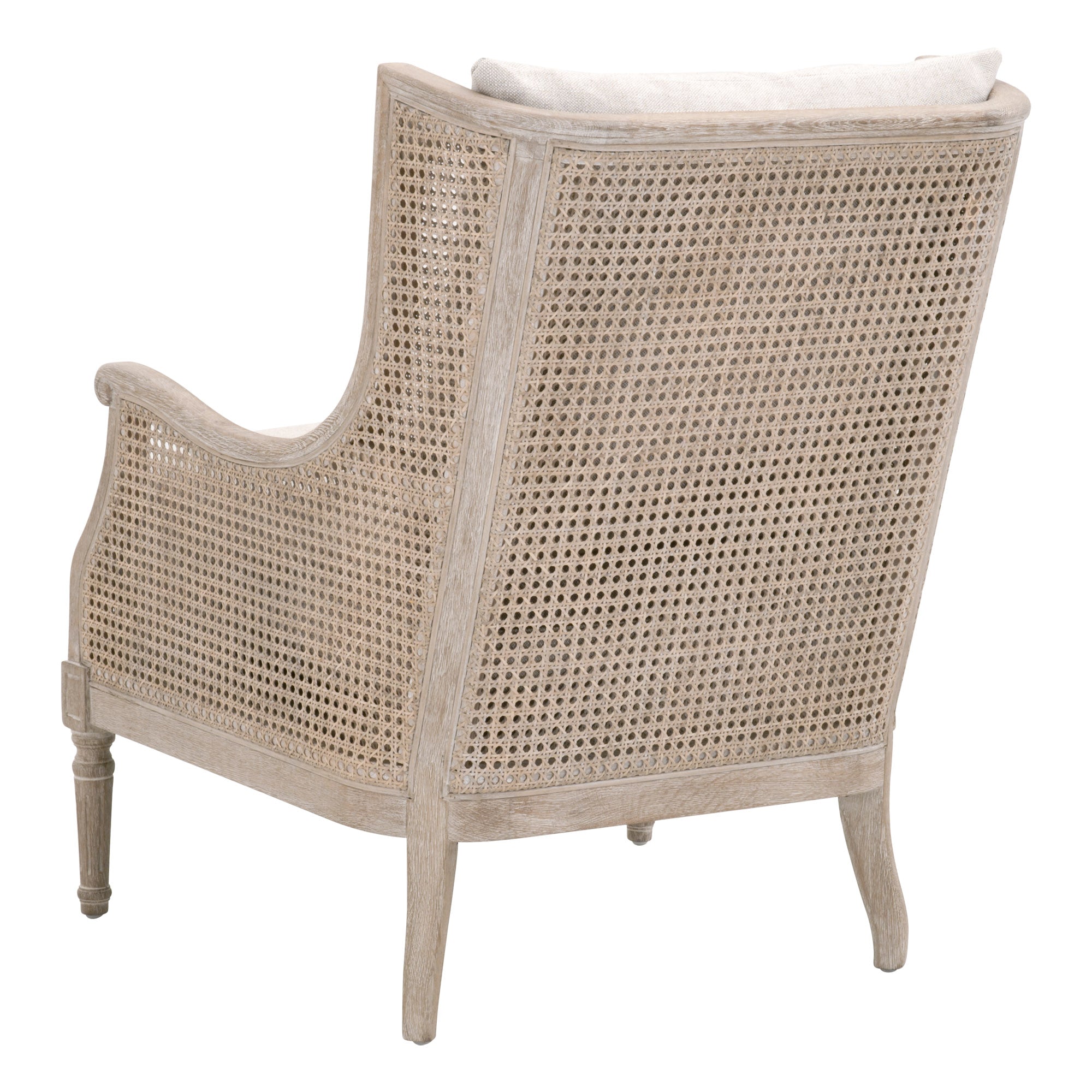 Back view of Churchill Club Chair with gray oak frame and rattan cane sides by Essentials For Living