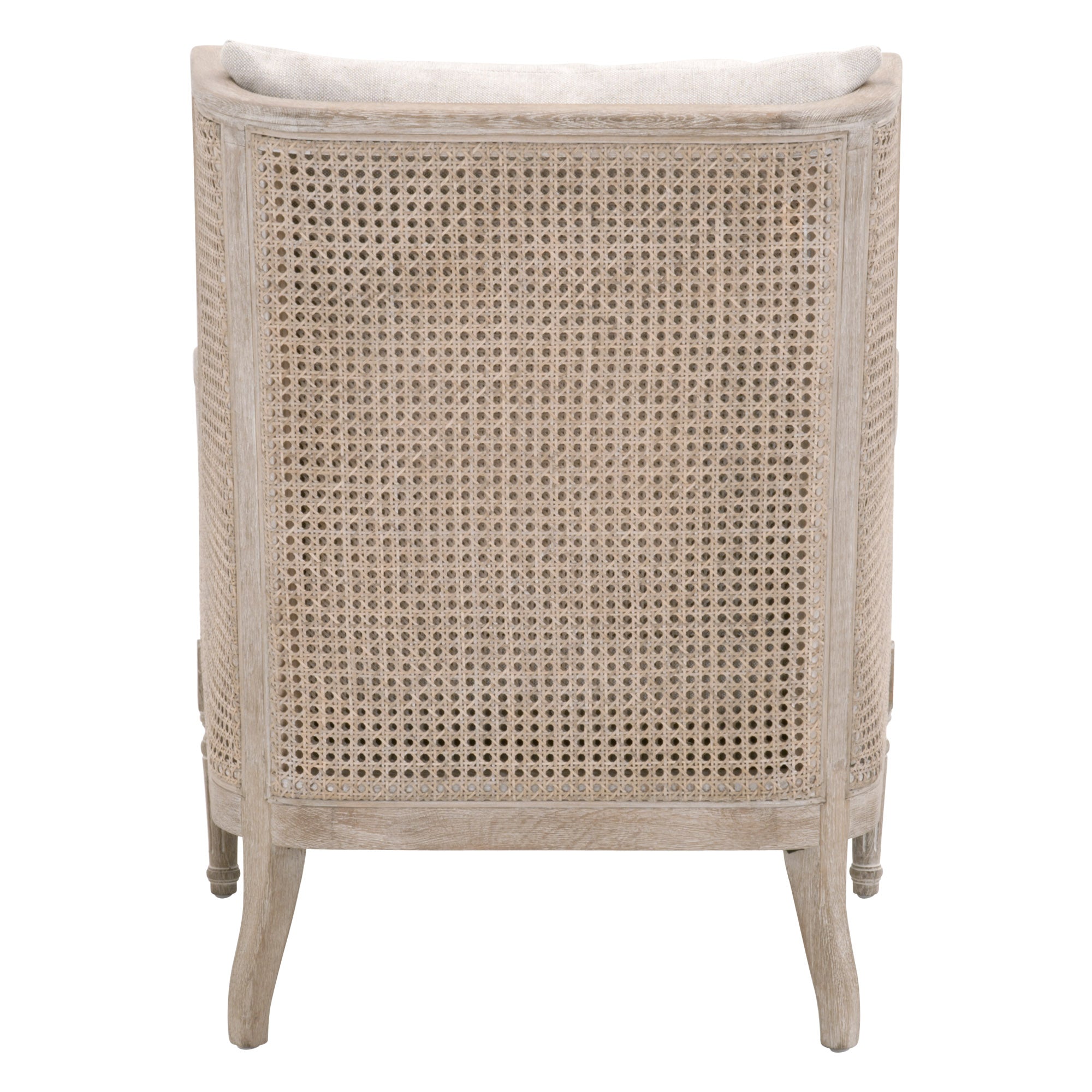 Back view of Churchill Club Chair by Essentials for Living with natural gray oak frame and rattan cane detailing