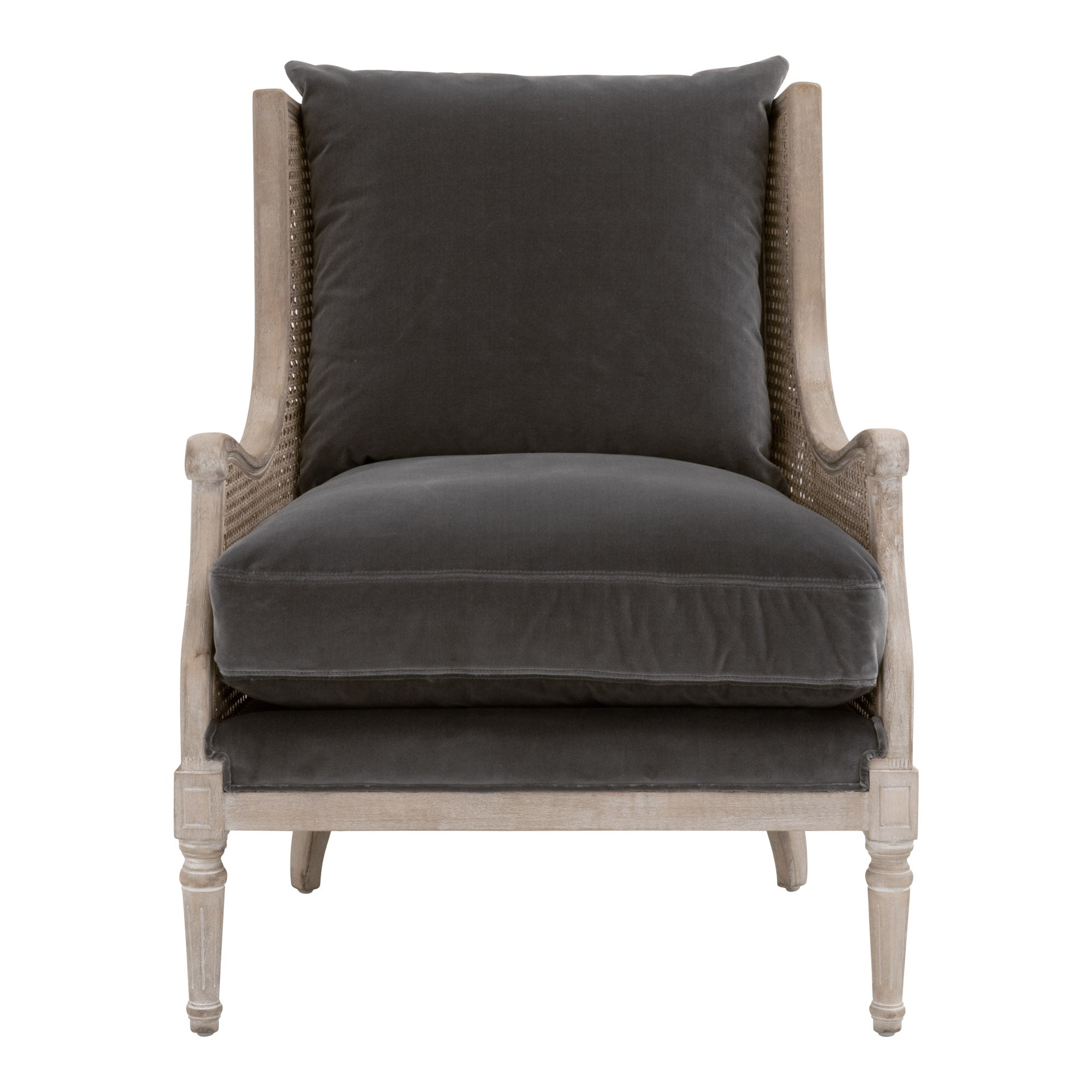 Essentials For Living Churchill Club Chair with gray velvet cushions and natural oak frame featuring rattan cane sides and carved legs