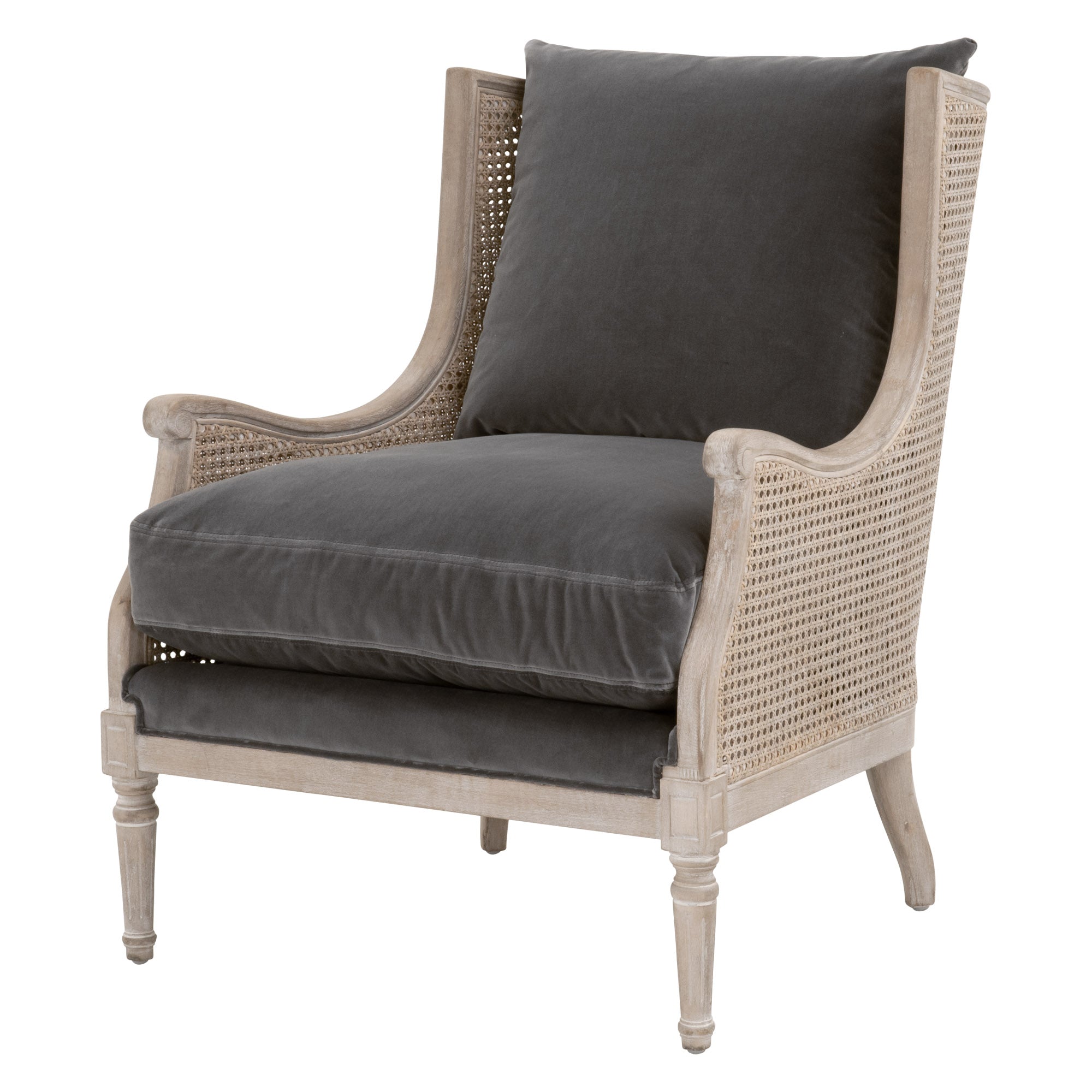 Essentials for Living Churchill Club Chair with gray cushions, rattan cane sides, and natural oak frame in refined vintage style