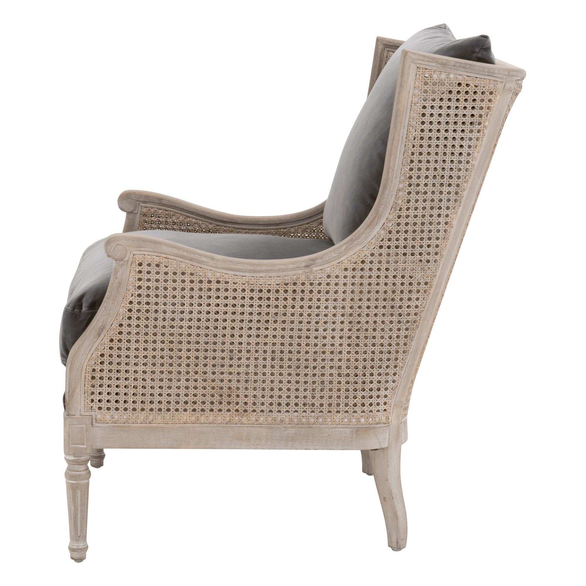 Side view of Essentials for Living Churchill Club Chair with natural gray oak frame and beige cushions
