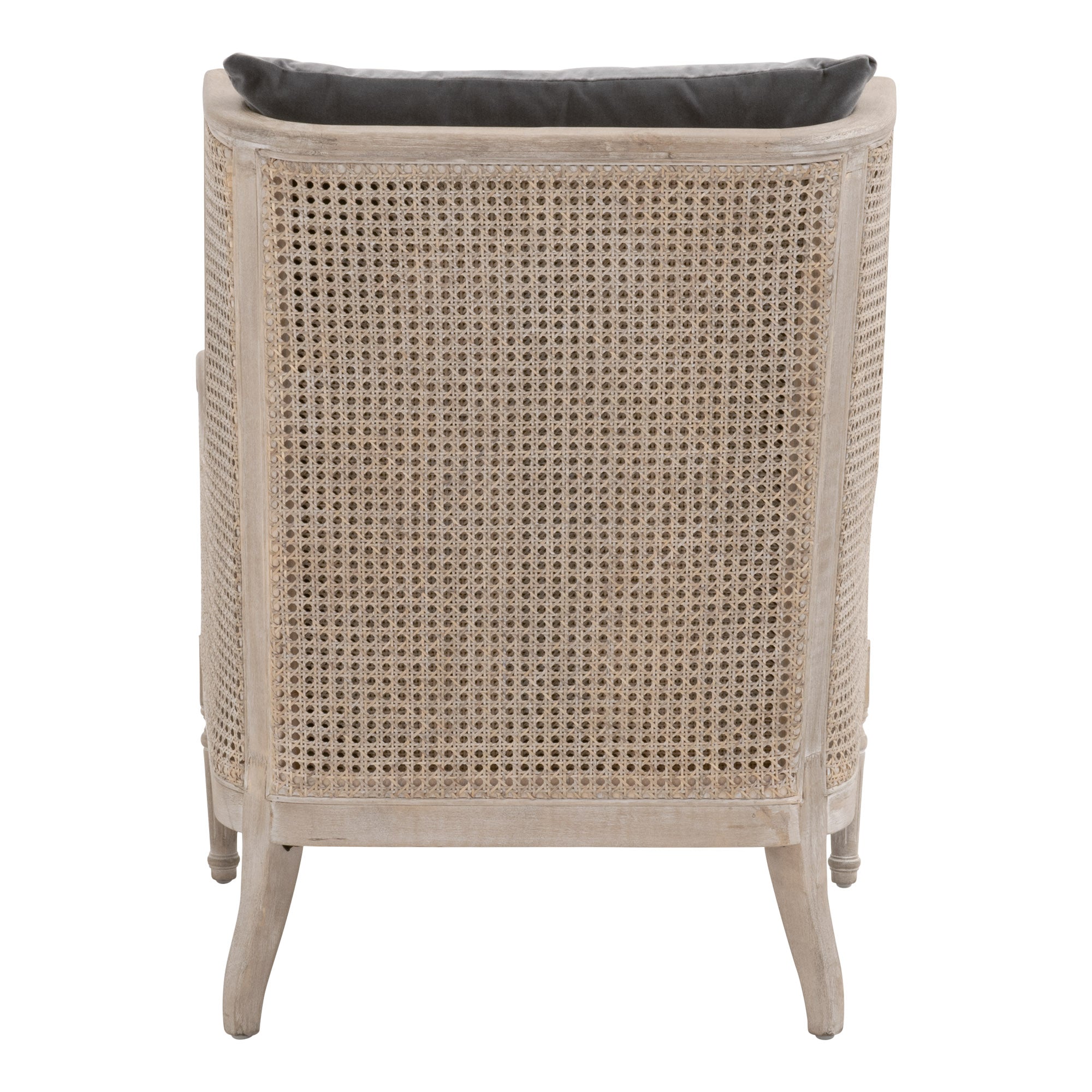 Back view of Churchill Club Chair by Essentials For Living featuring natural gray oak frame and rattan cane detailing
