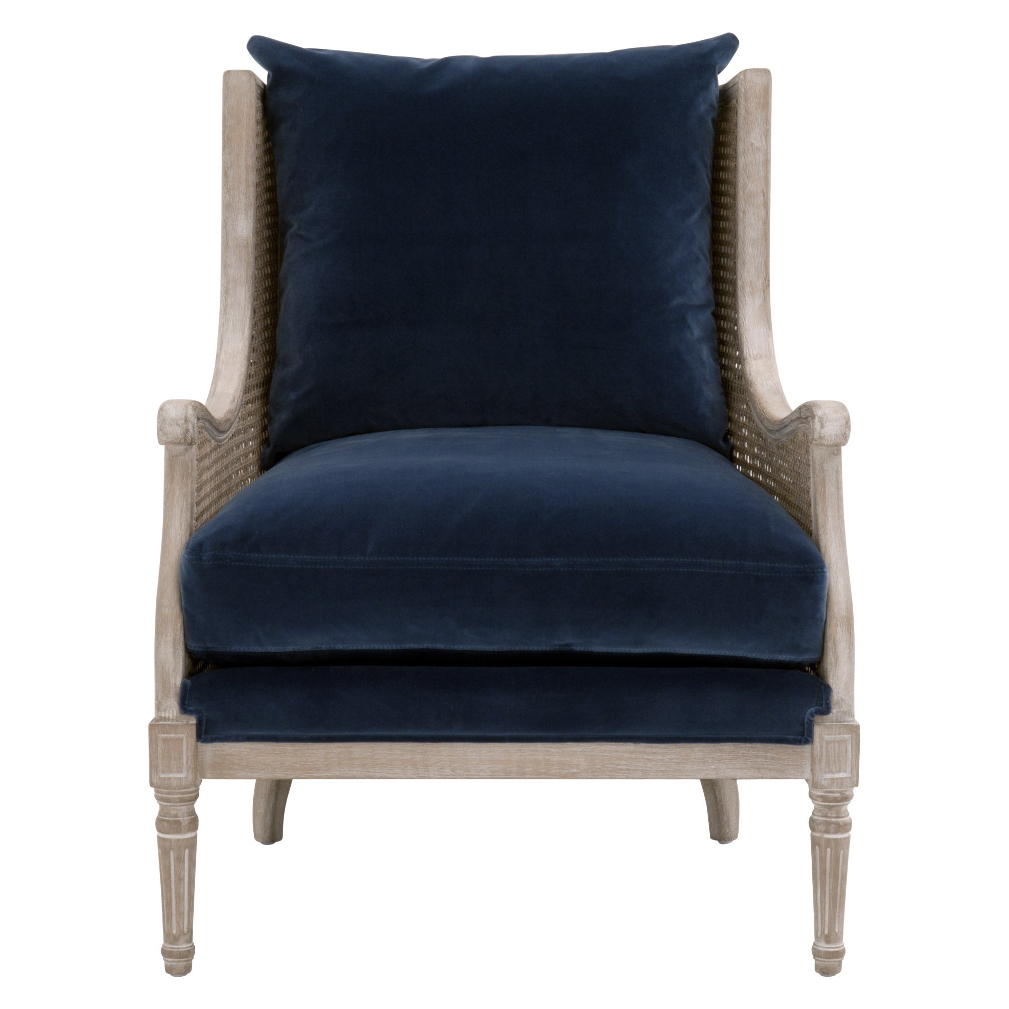 Churchill Club Chair by Essentials for Living with natural oak frame and navy blue velvet cushions in classic design