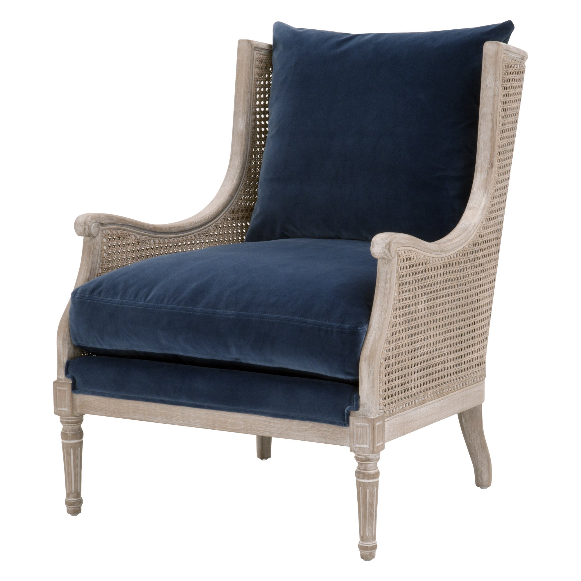 Essentials for Living Churchill Club Chair with natural oak frame, rattan cane sides, and plush dark blue cushions