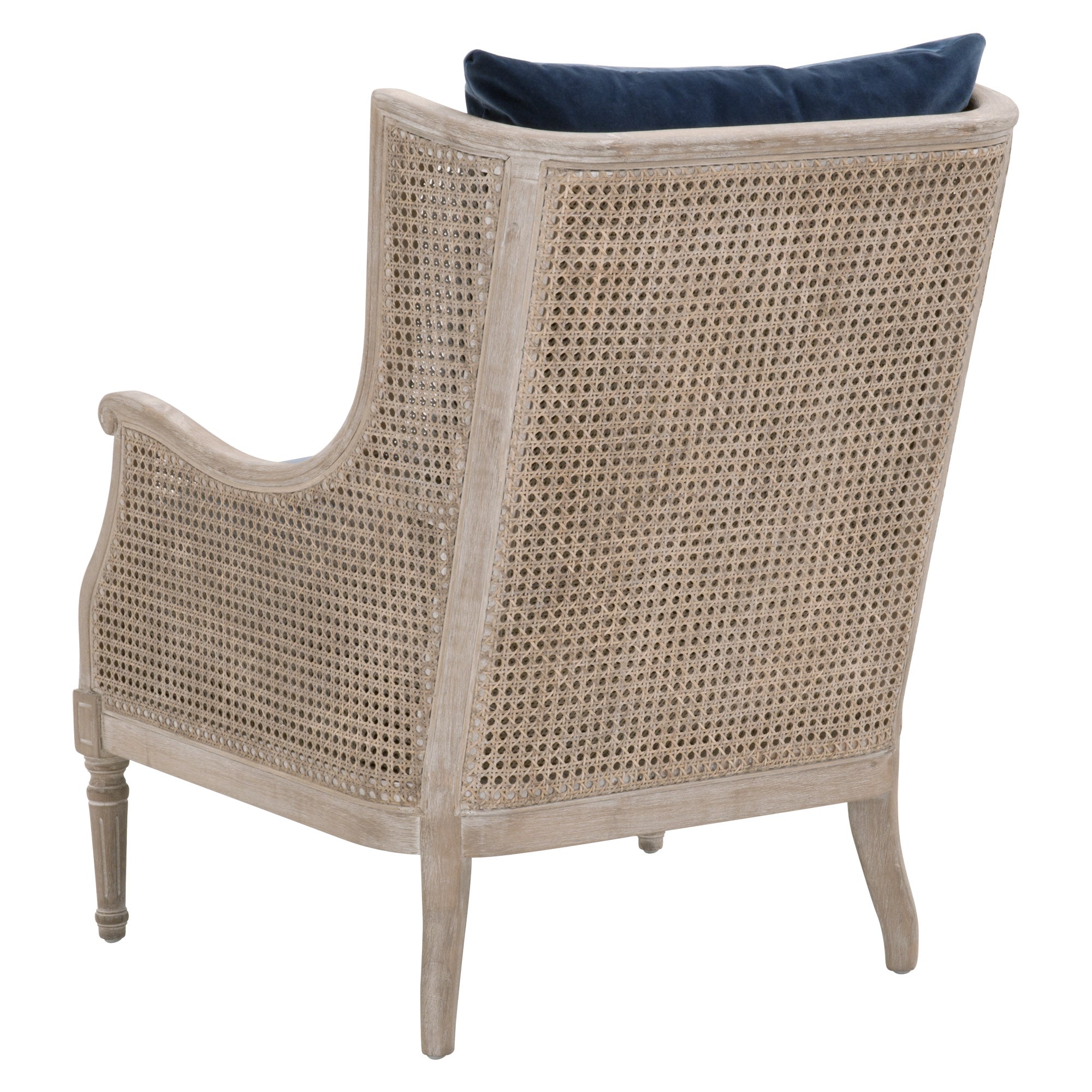Essentials for Living Churchill Club Chair with natural gray oak frame and rattan cane back and sides view from rear