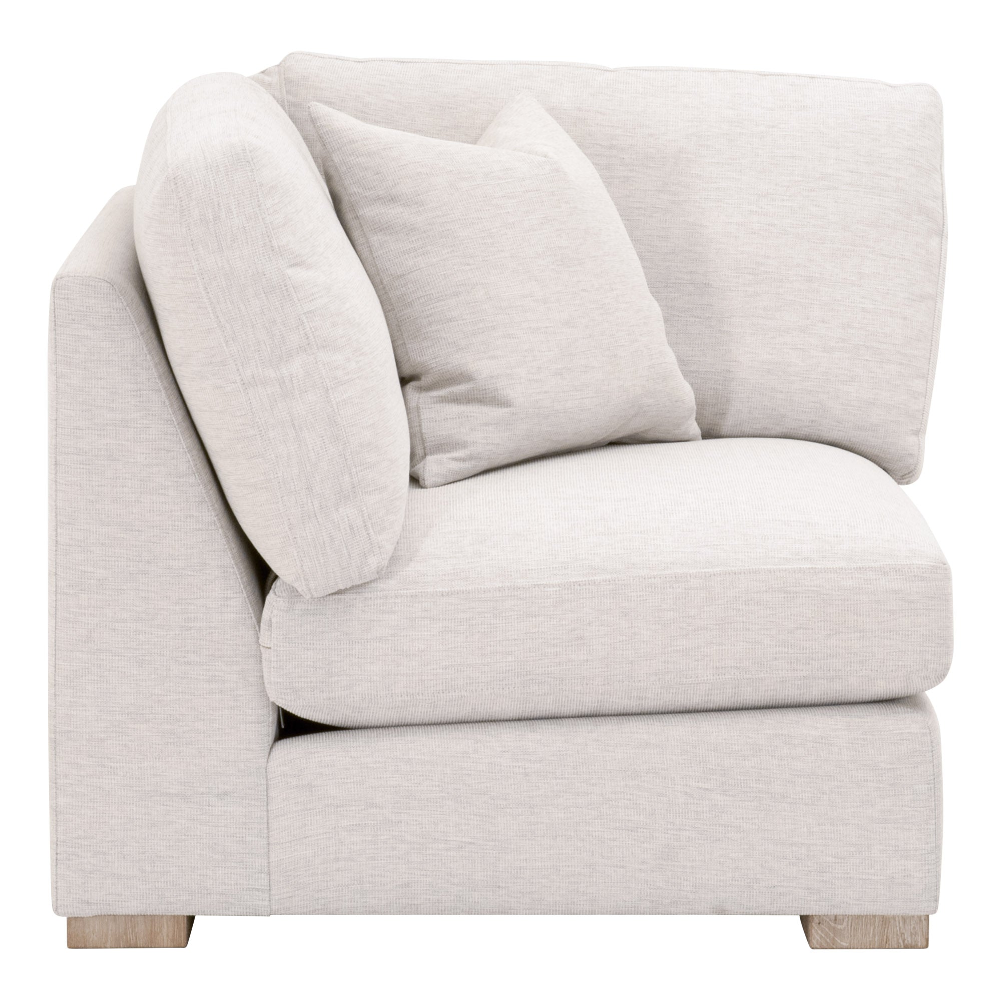 Essentials for Living Clara Modular Corner Chair in light gray and white performance fabric with plush cushions and oak feet