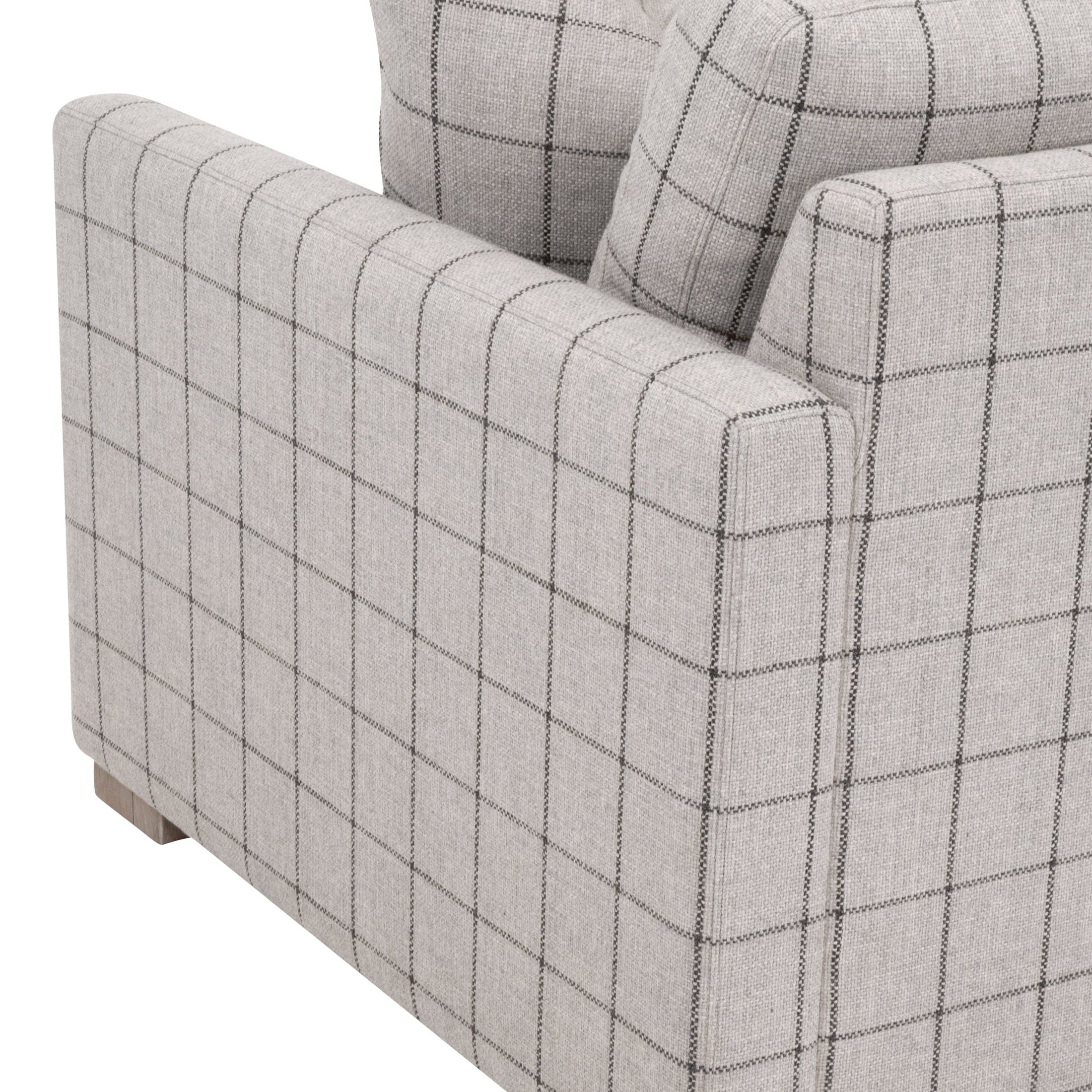 Close-up of light gray basketweave fabric on Clara Slim Arm Sofa Chair by Essentials for Living with check pattern