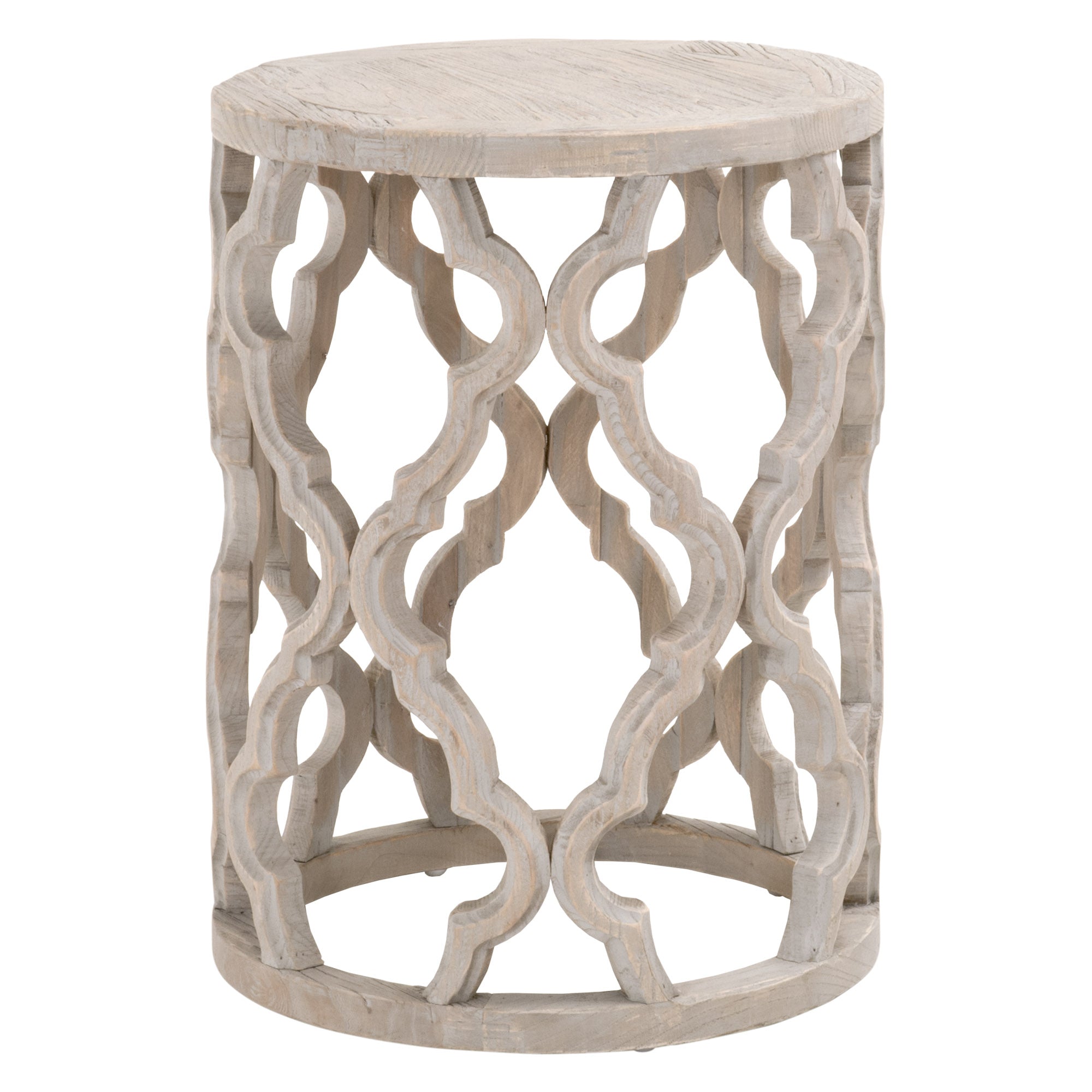 Essentials for Living Clover End Table in smoke gray reclaimed elm with carved quatrefoil base design