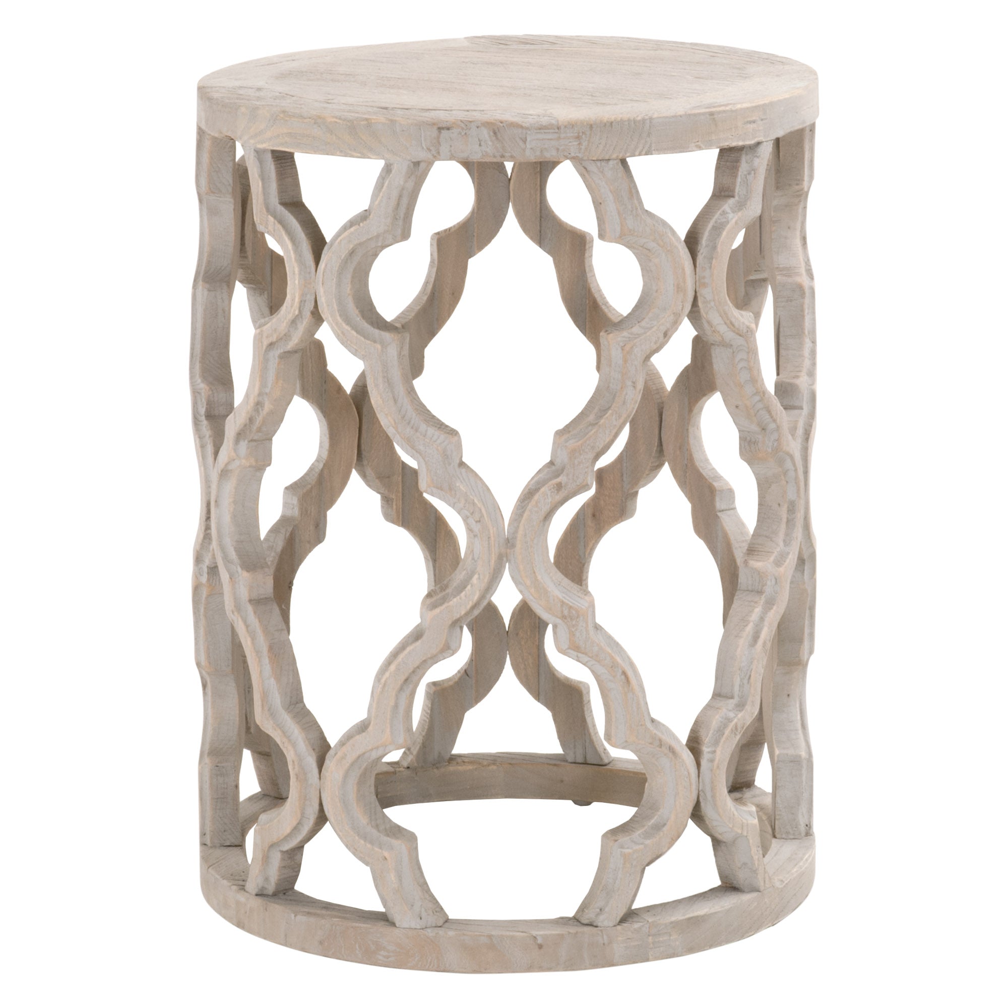 Rustic smoke gray reclaimed elm Clover End Table by Essentials For Living with carved quatrefoil-inspired base