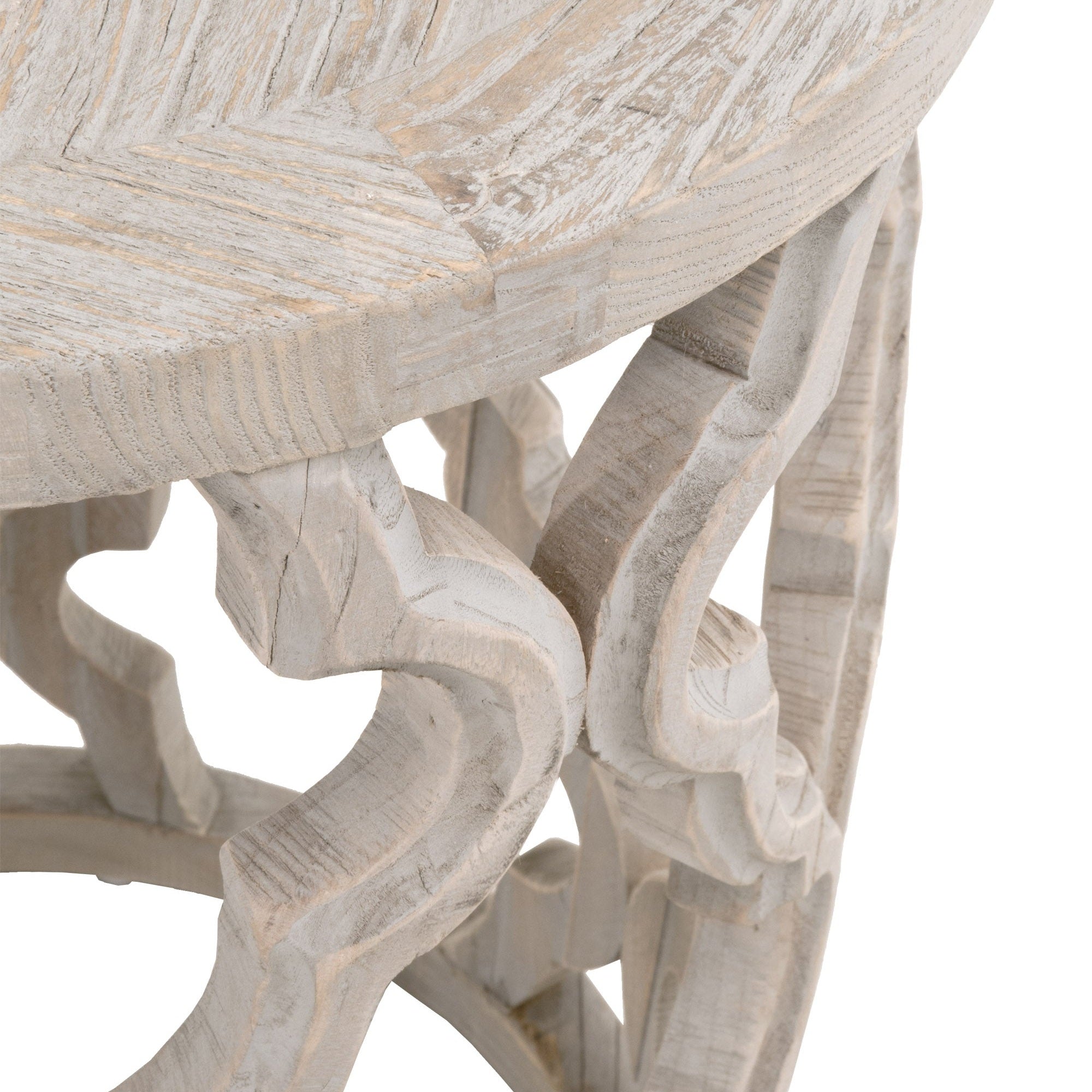 Close-up of smoke gray reclaimed elm Clover End Table base showcasing intricate quatrefoil-inspired carving by Essentials for Living.