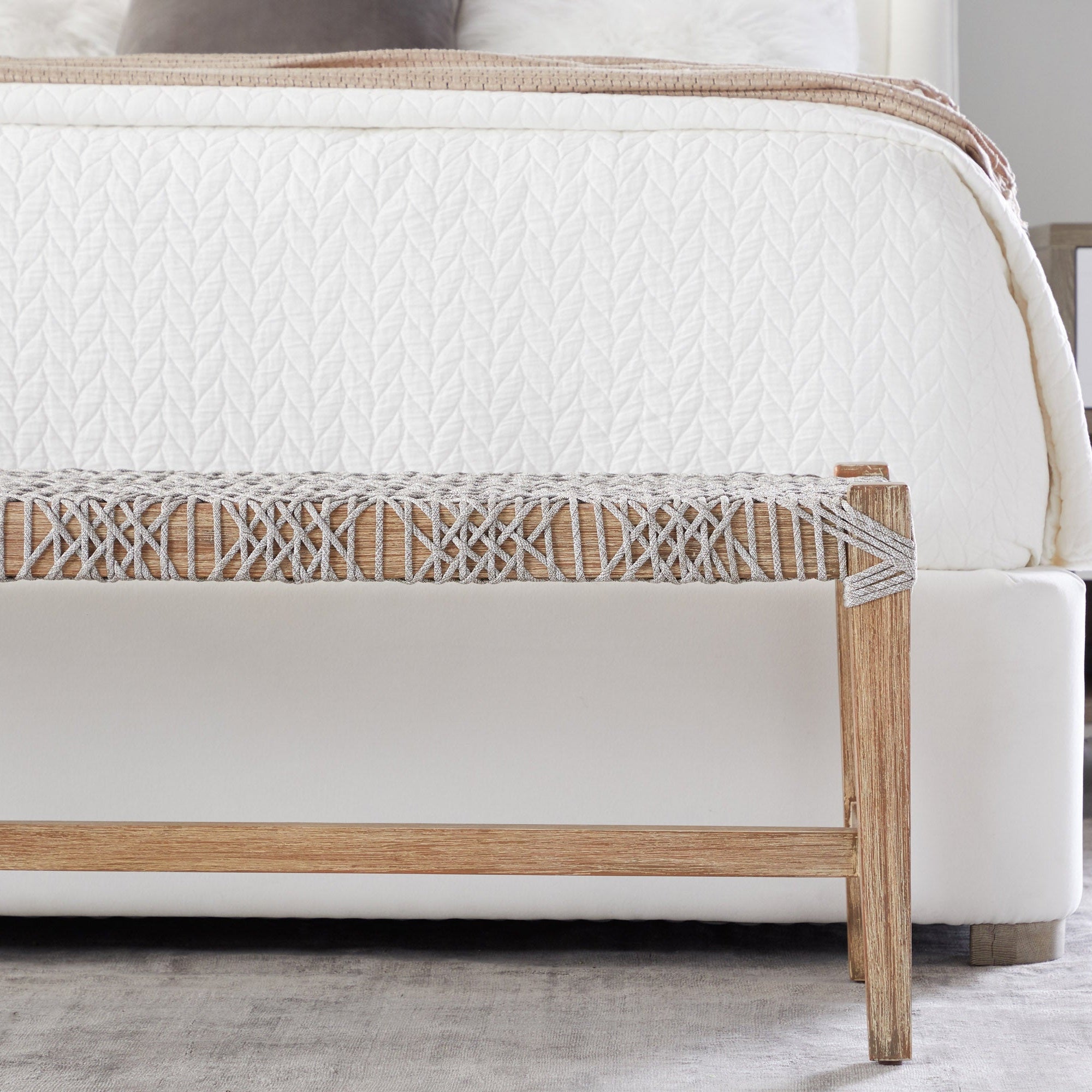 Costa Bench by Essentials for Living with solid mahogany base and white taupe woven polypropylene seat