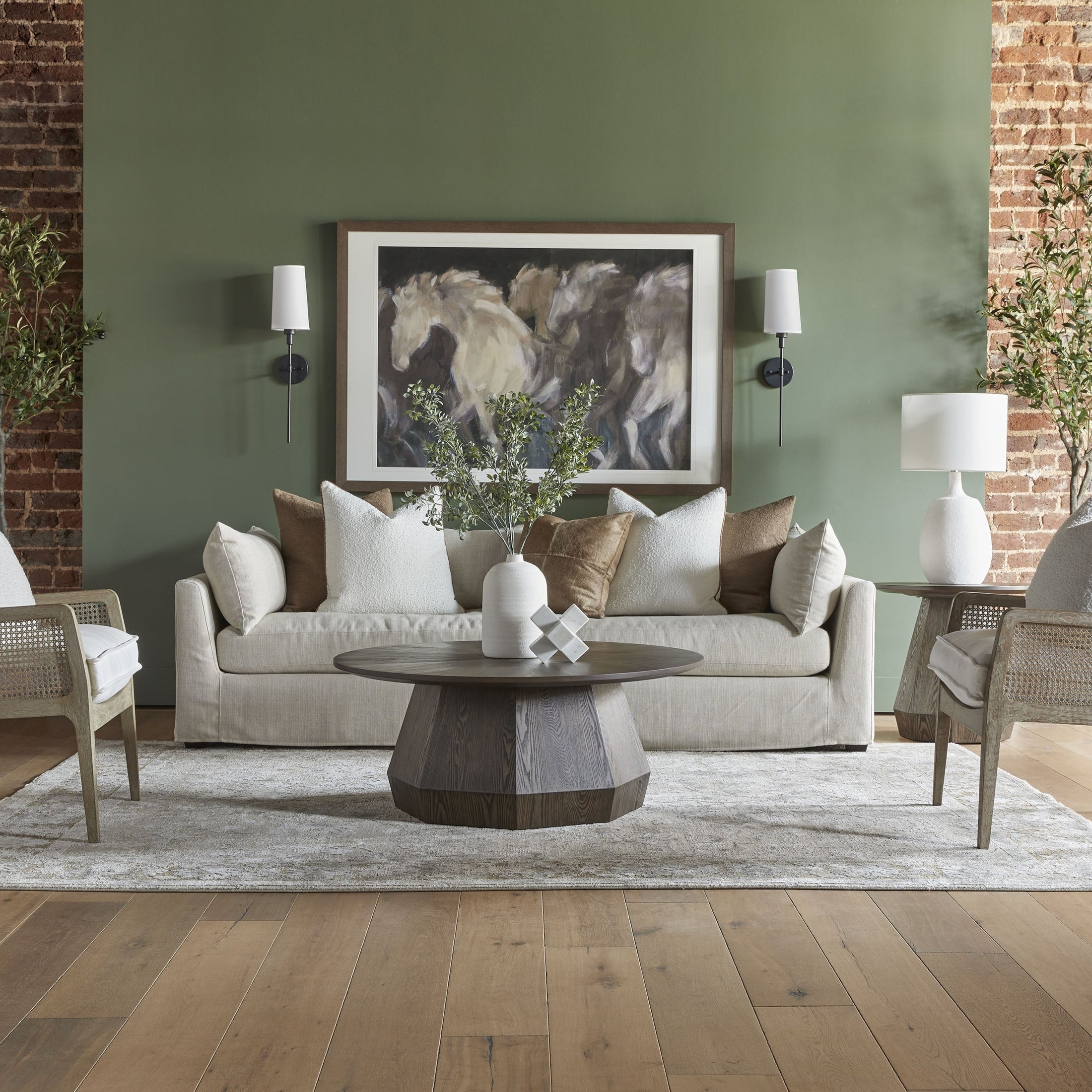 Essentials for Living Coulter End Table with octagon pedestal base and starburst veneer top in modern living room setting