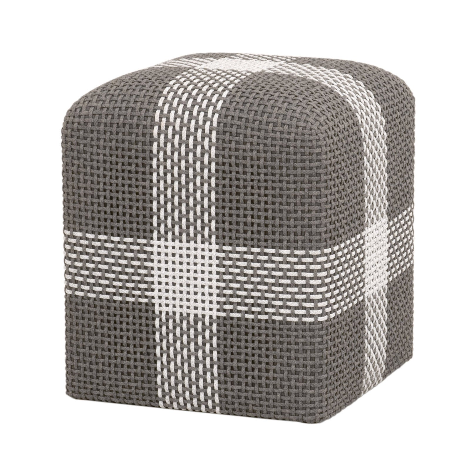Essentials For Living Cross Accent Cube with taupe and white rope weave and teak wood frame for versatile use indoors or outdoors