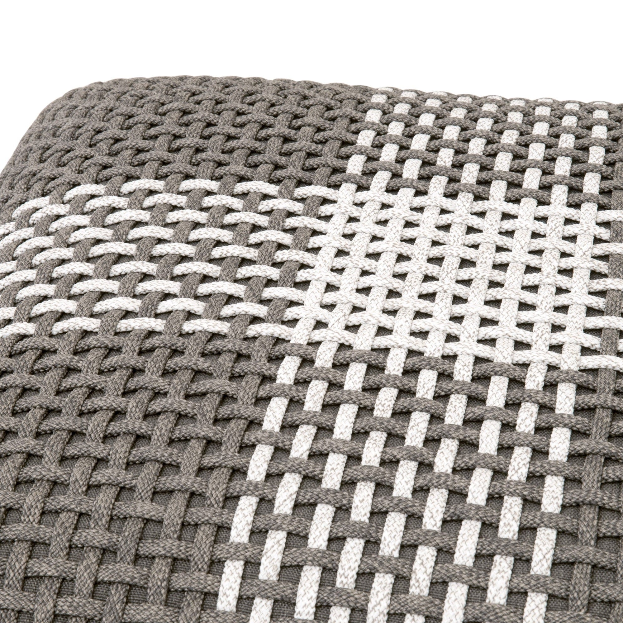 Close-up of taupe and white woven rope detailing forming a cross pattern on the Essentials For Living Cross Accent Cube.
