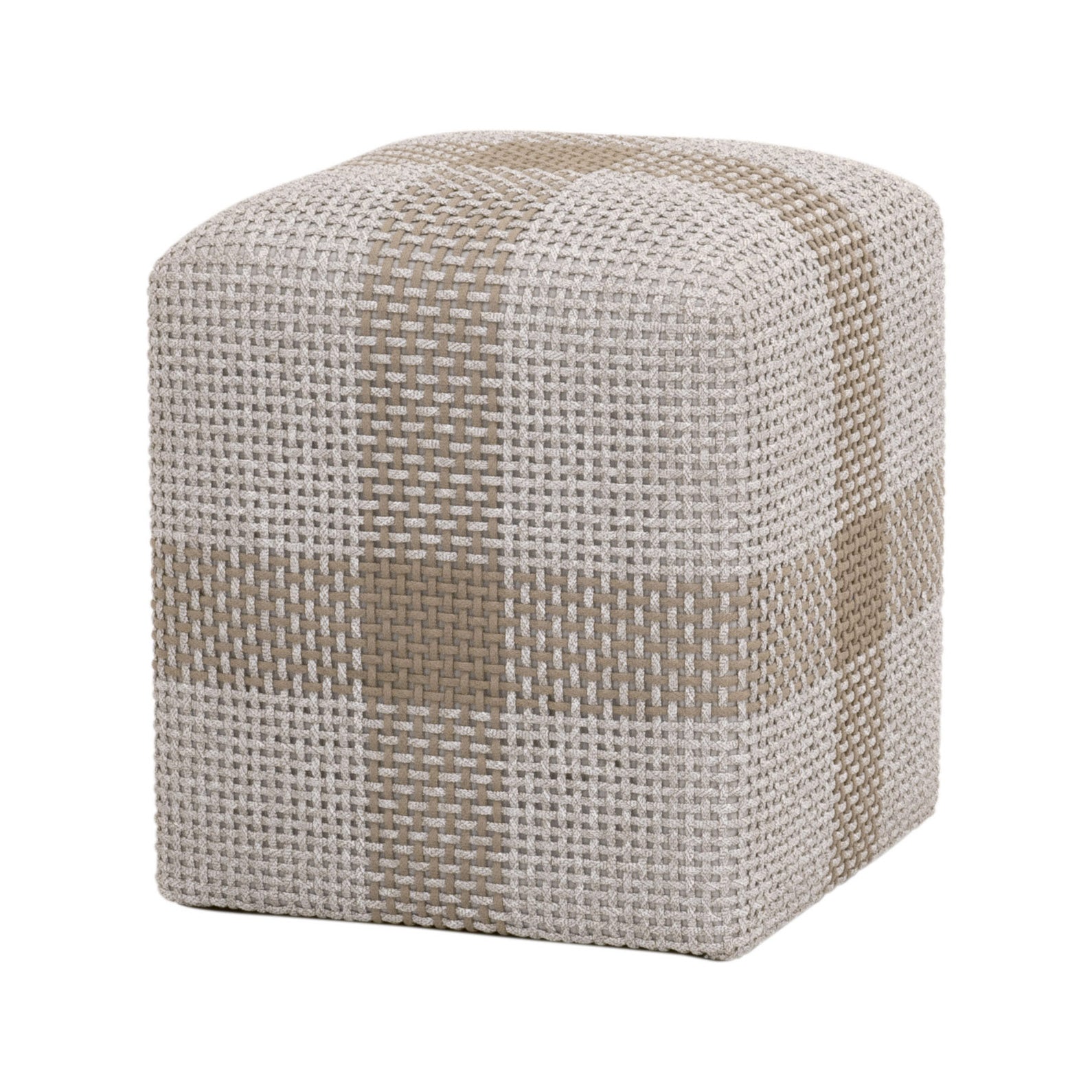 Compact taupe and white woven accent cube with cross pattern on a solid frame by Essentials For Living