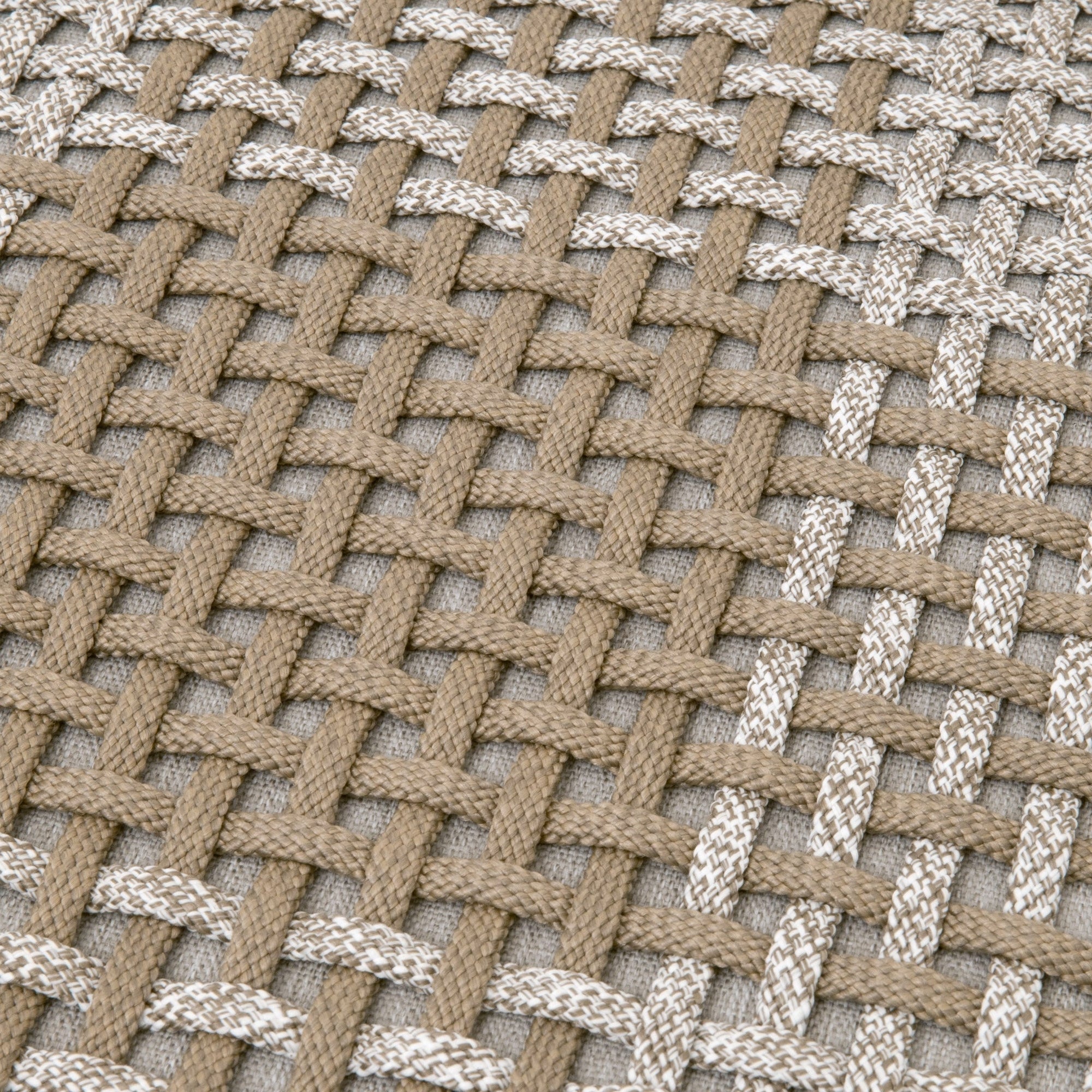 Close-up of taupe and white woven rope pattern on Essentials for Living Cross Accent Cube seat surface