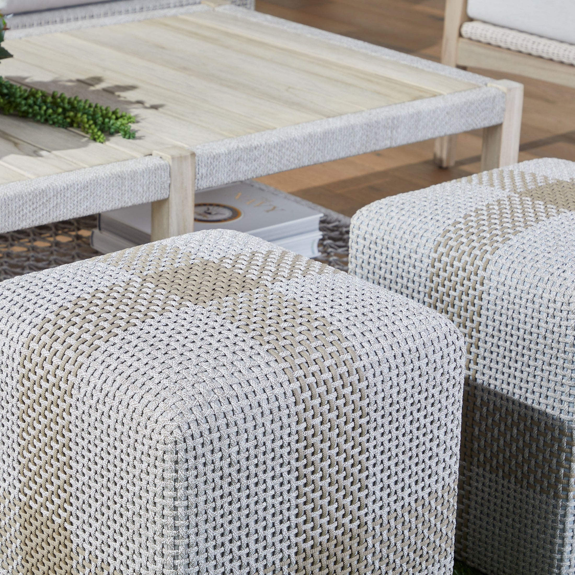 Handwoven taupe and white rope cross pattern accent cubes with solid teak wood frame by Essentials for Living