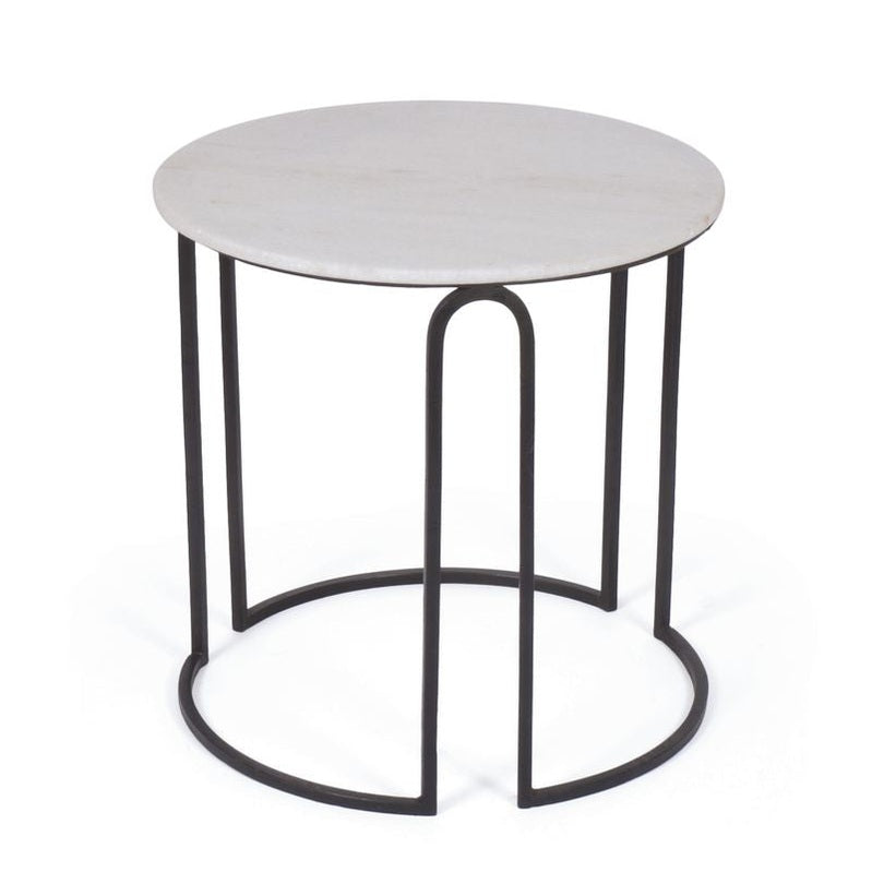 Darien Side Table with white marble top and black iron base, modern round design by GO HOME