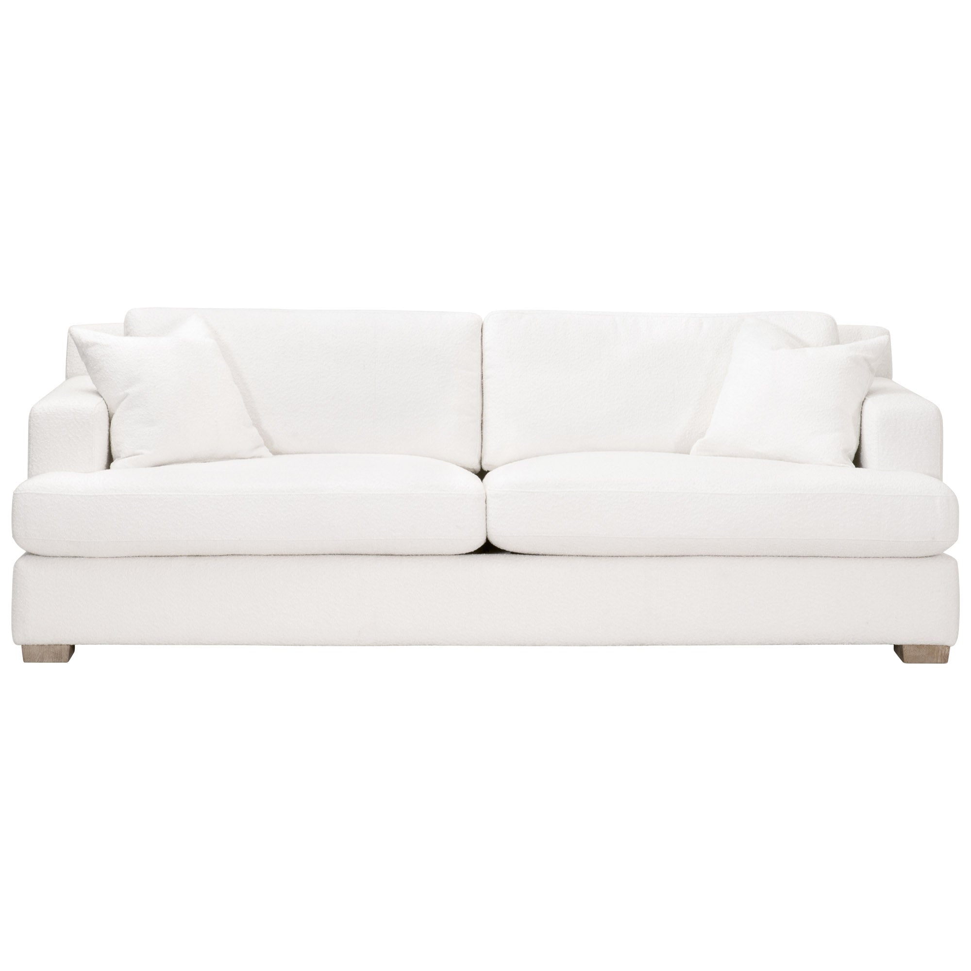 Essentials For Living Dean 92" California Casual Sofa in light linen fabric with plush cushions and natural wood feet