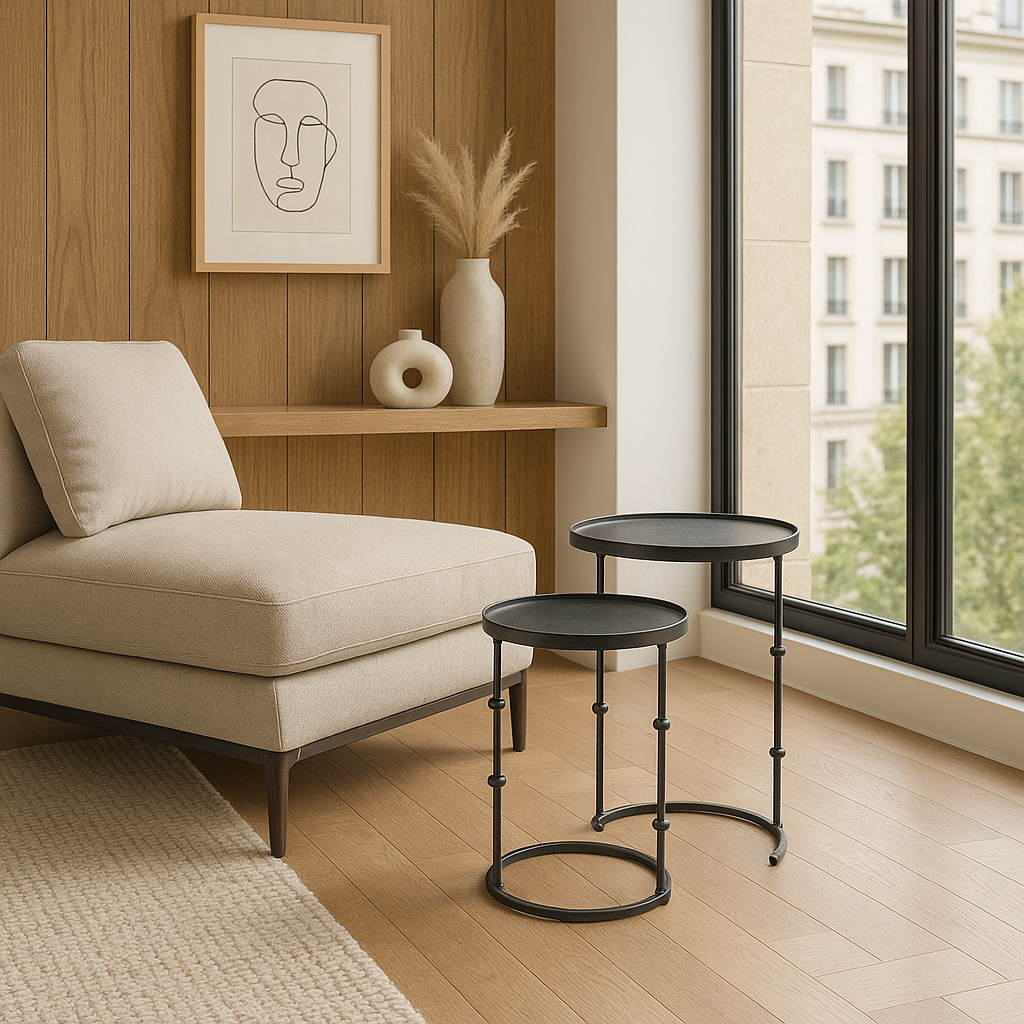 Set of 2 dark grey iron Disc Tables with tray tops and slender legs in minimalist living room GO HOME