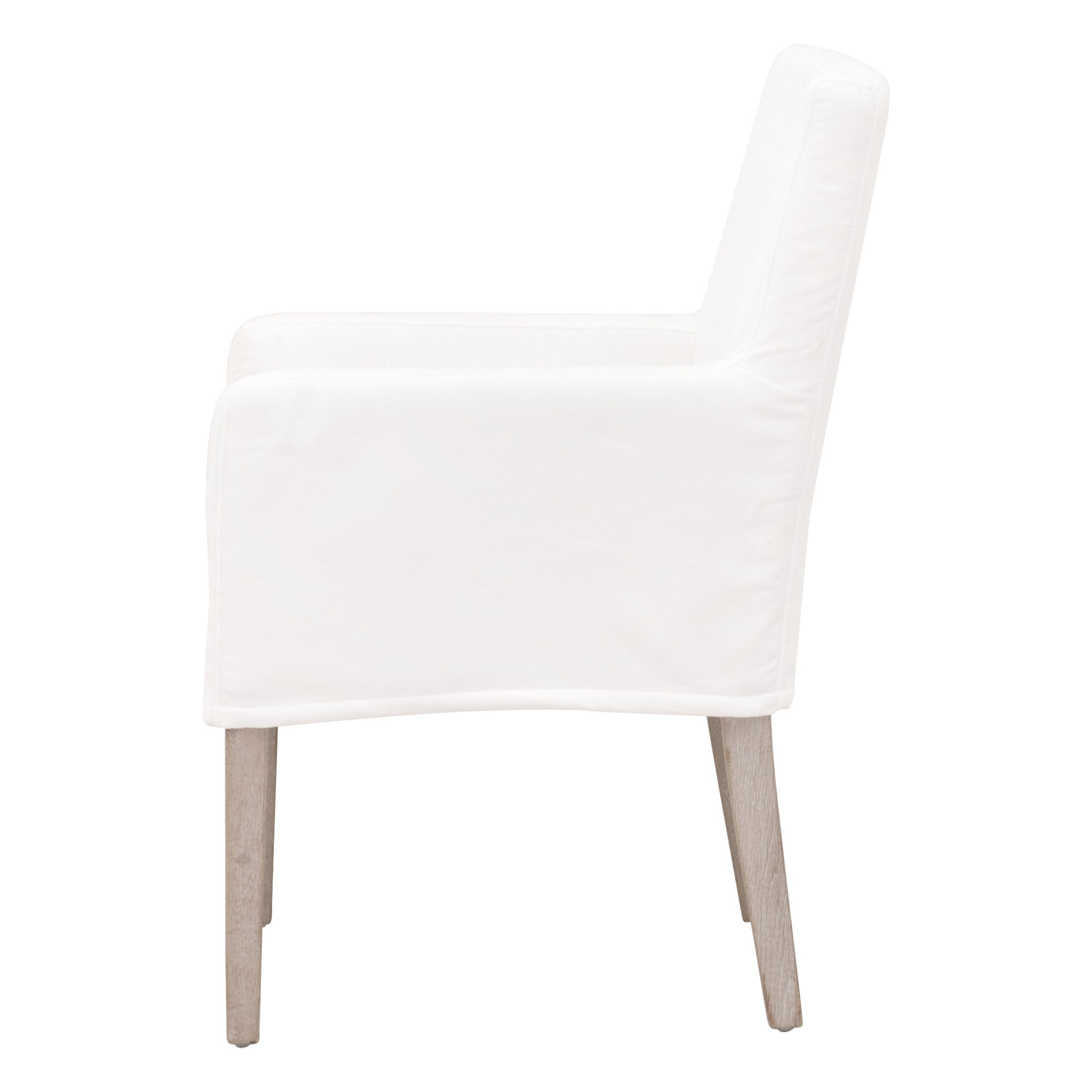 Side view of Drake Slipcover Arm Chair in white slipcover with natural gray oak legs by Essentials for Living