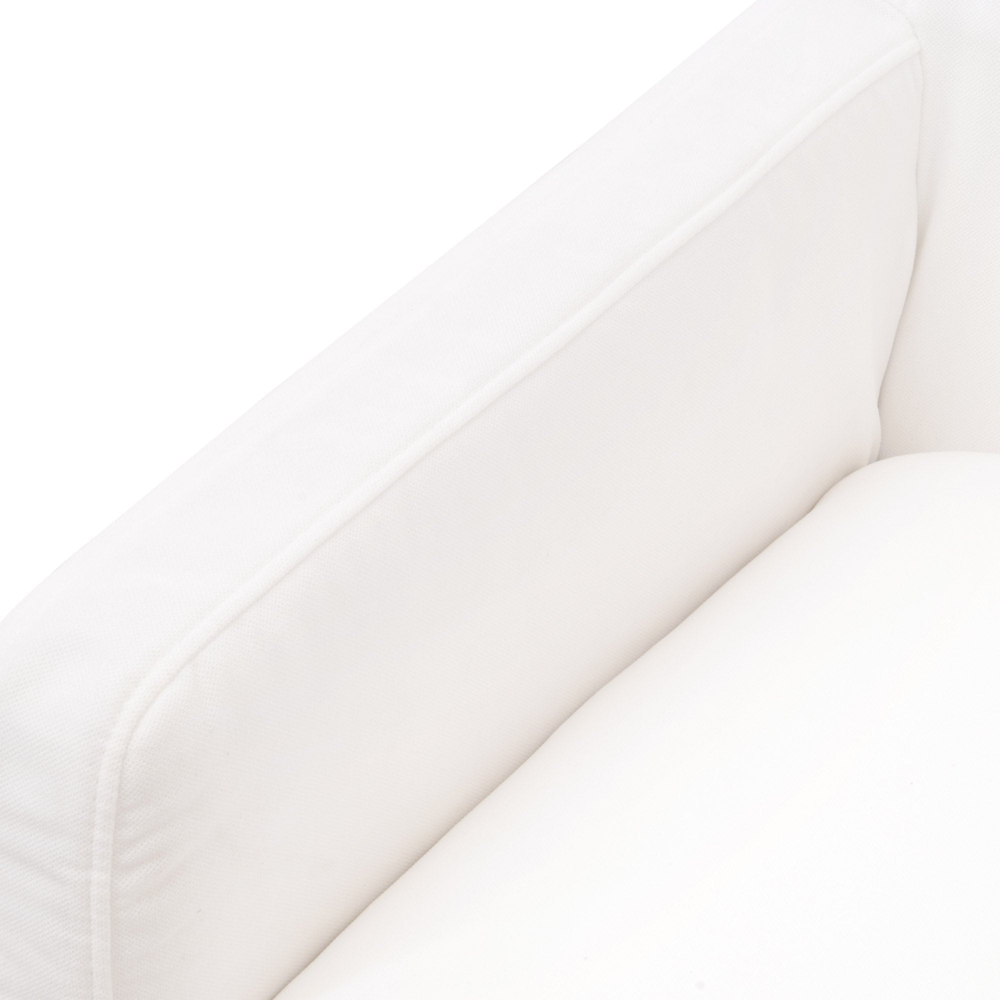 Close-up of white fabric armrest on Drake Slipcover Arm Chair by Essentials for Living