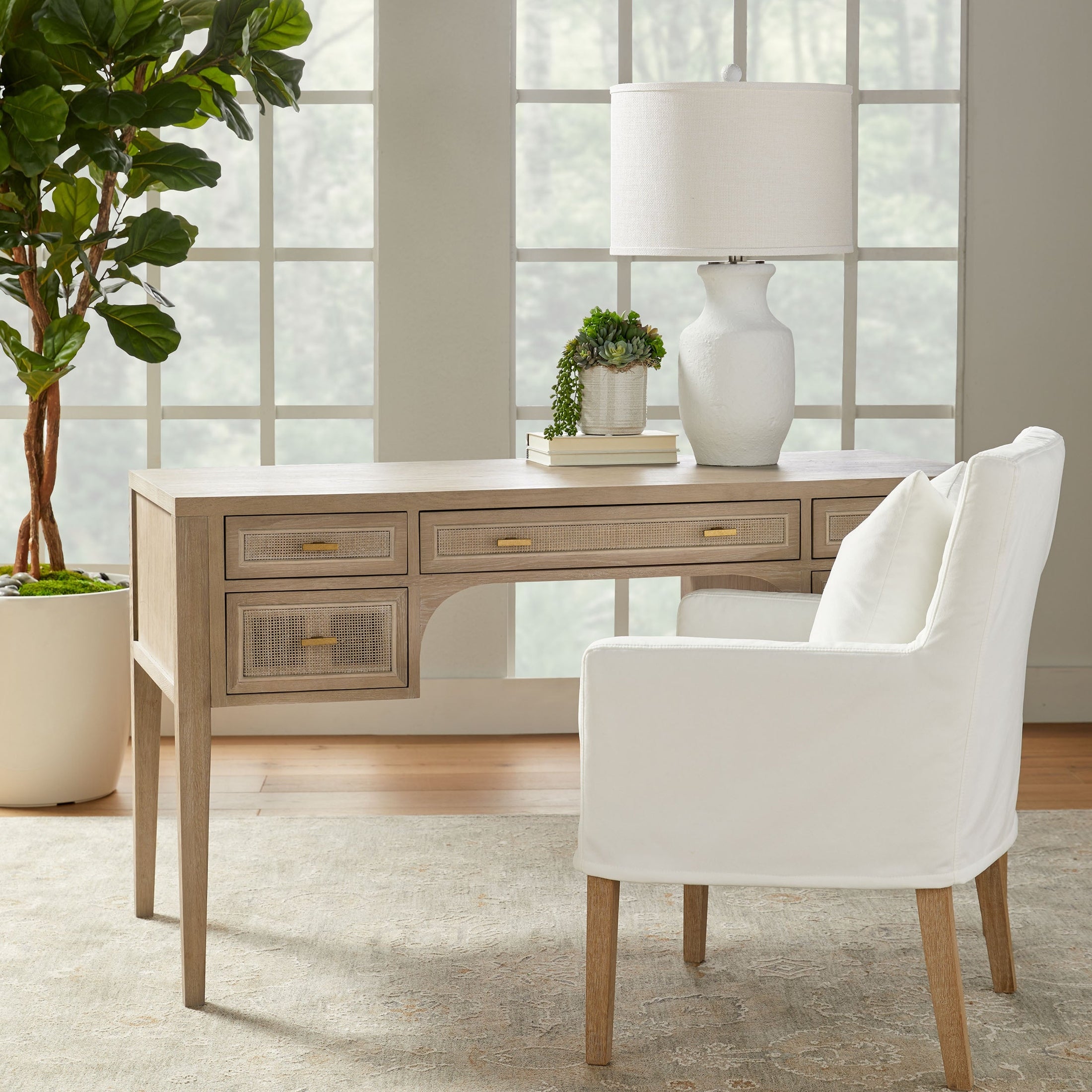 Drake Slipcover Arm Chair in white with natural gray oak base by Essentials for Living in a bright home office setting