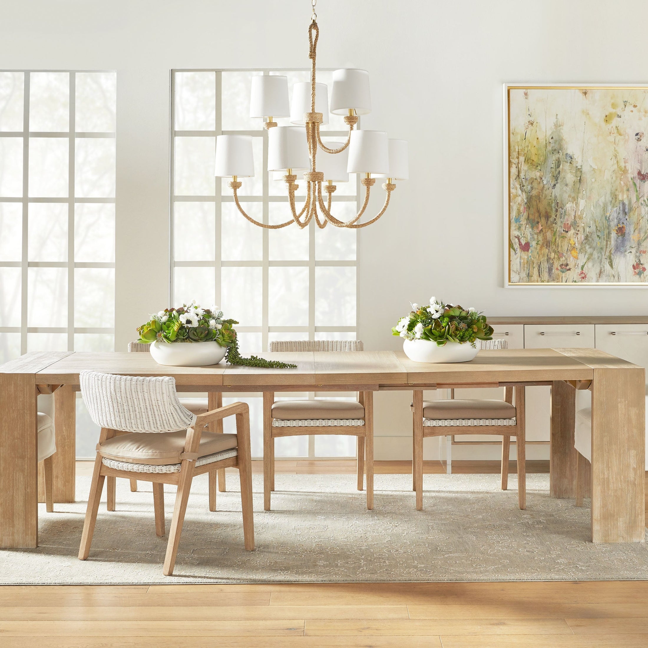 Drake Slipcover Arm Chair with natural gray oak base in a bright dining room setting by Essentials for Living