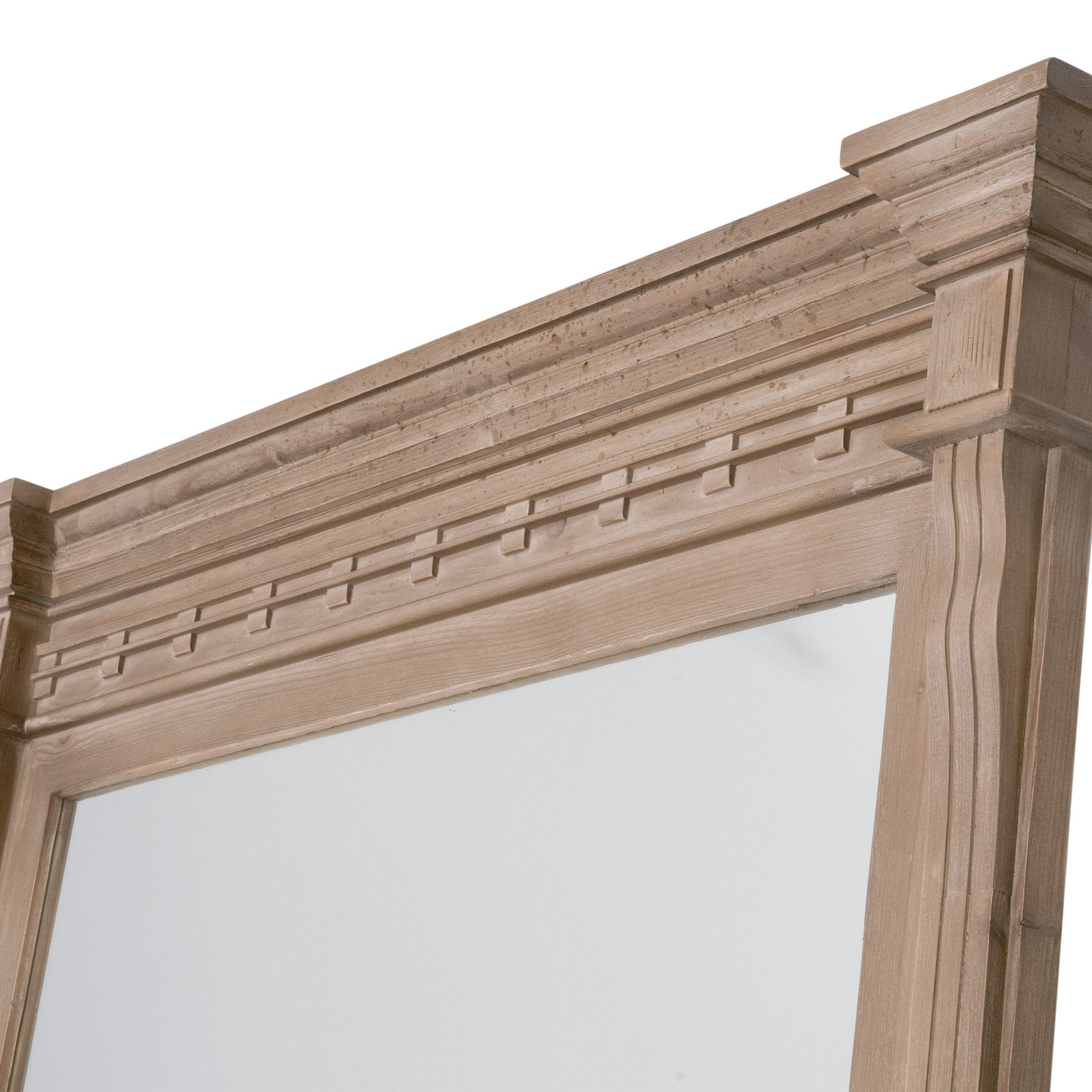 Close-up of detailed reclaimed pine frame on Estate Mirror by Essentials for Living in smoke gray finish.
