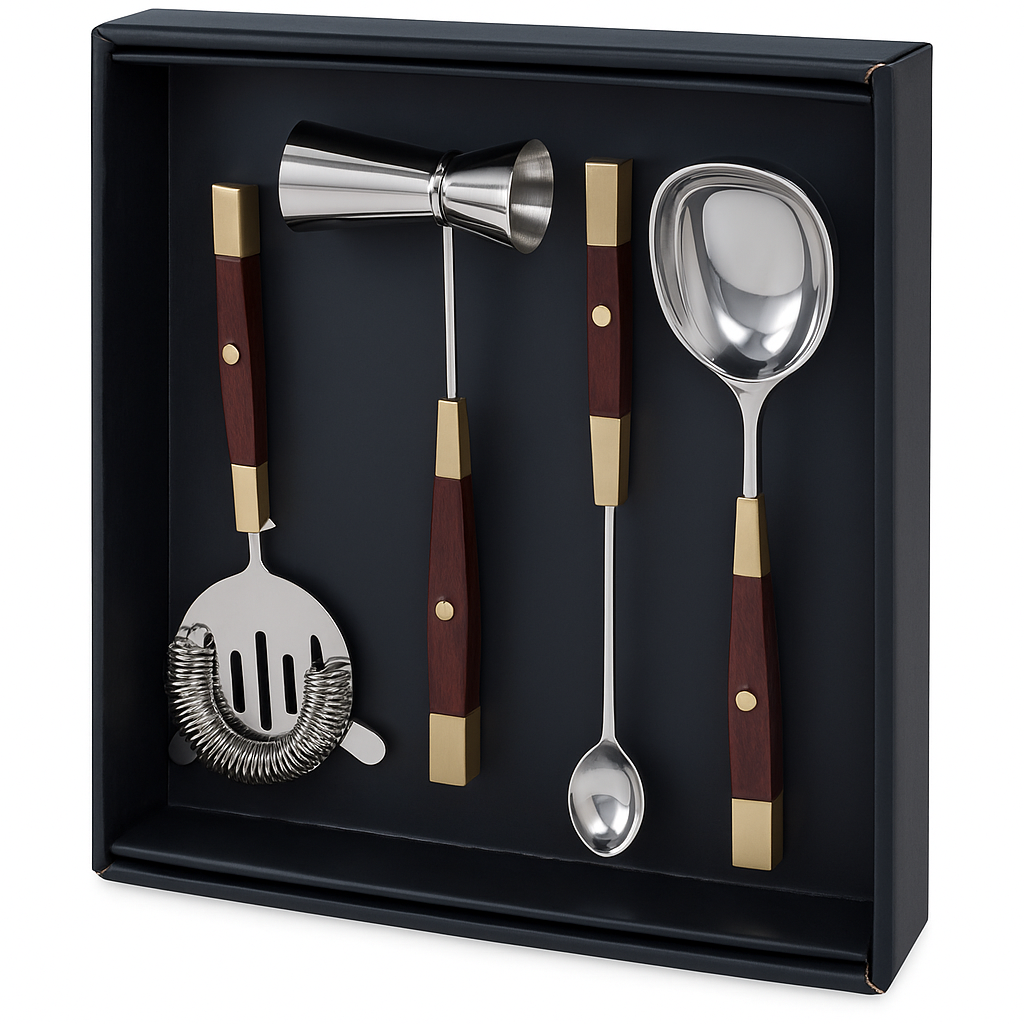Faulkner Bar Set of 4 in brown wood and silver, including cocktail tools