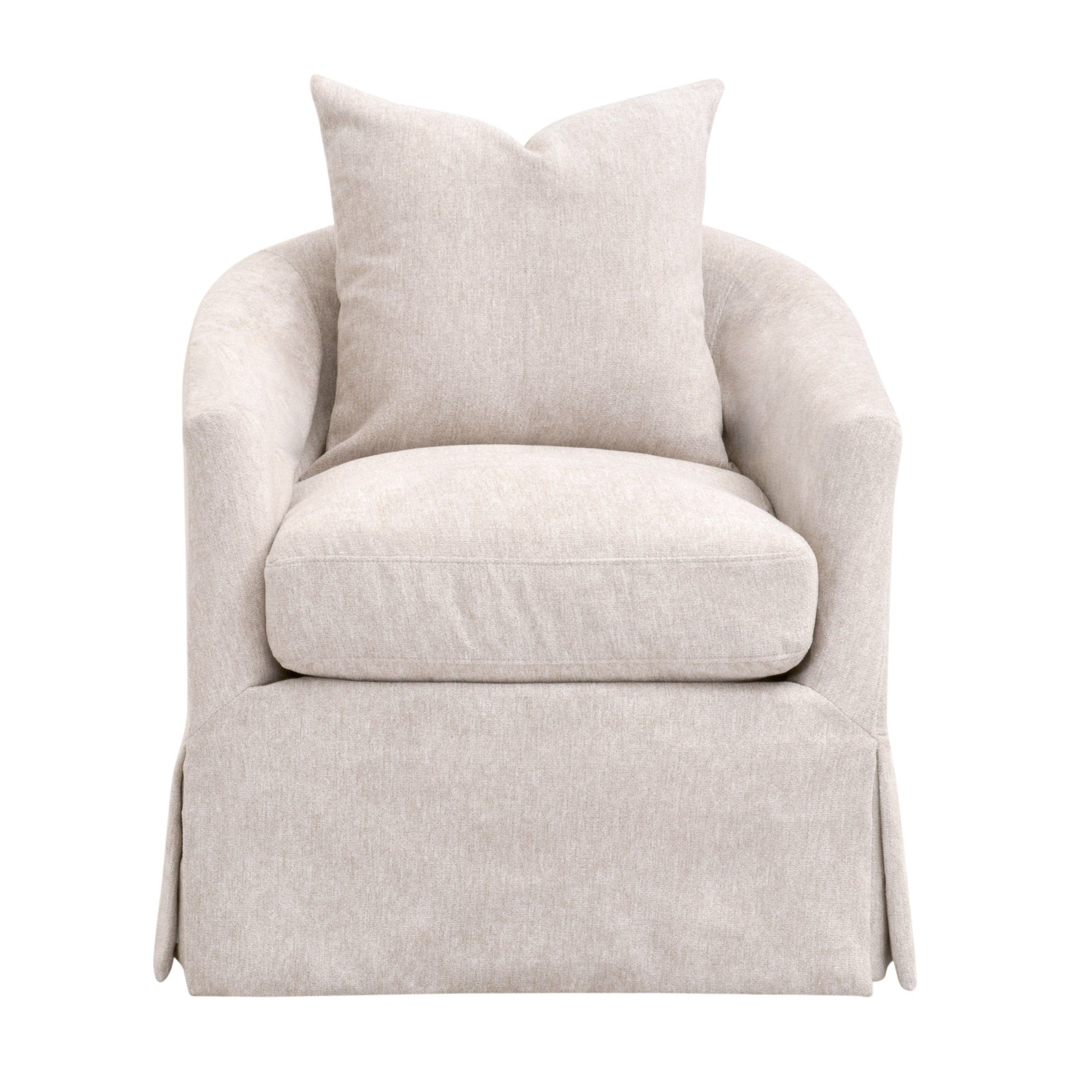 Essentials For Living Faye Slipcover Swivel Club Chair in soft crème crepe cotton linen blend with matching throw pillow