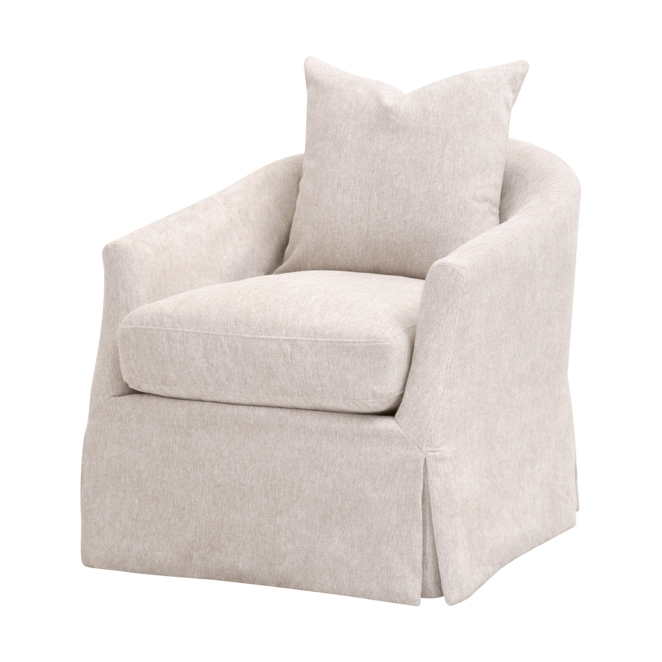 Essentials For Living Faye Slipcover Swivel Club Chair in soft crème cotton-linen with plush cushion and pillow