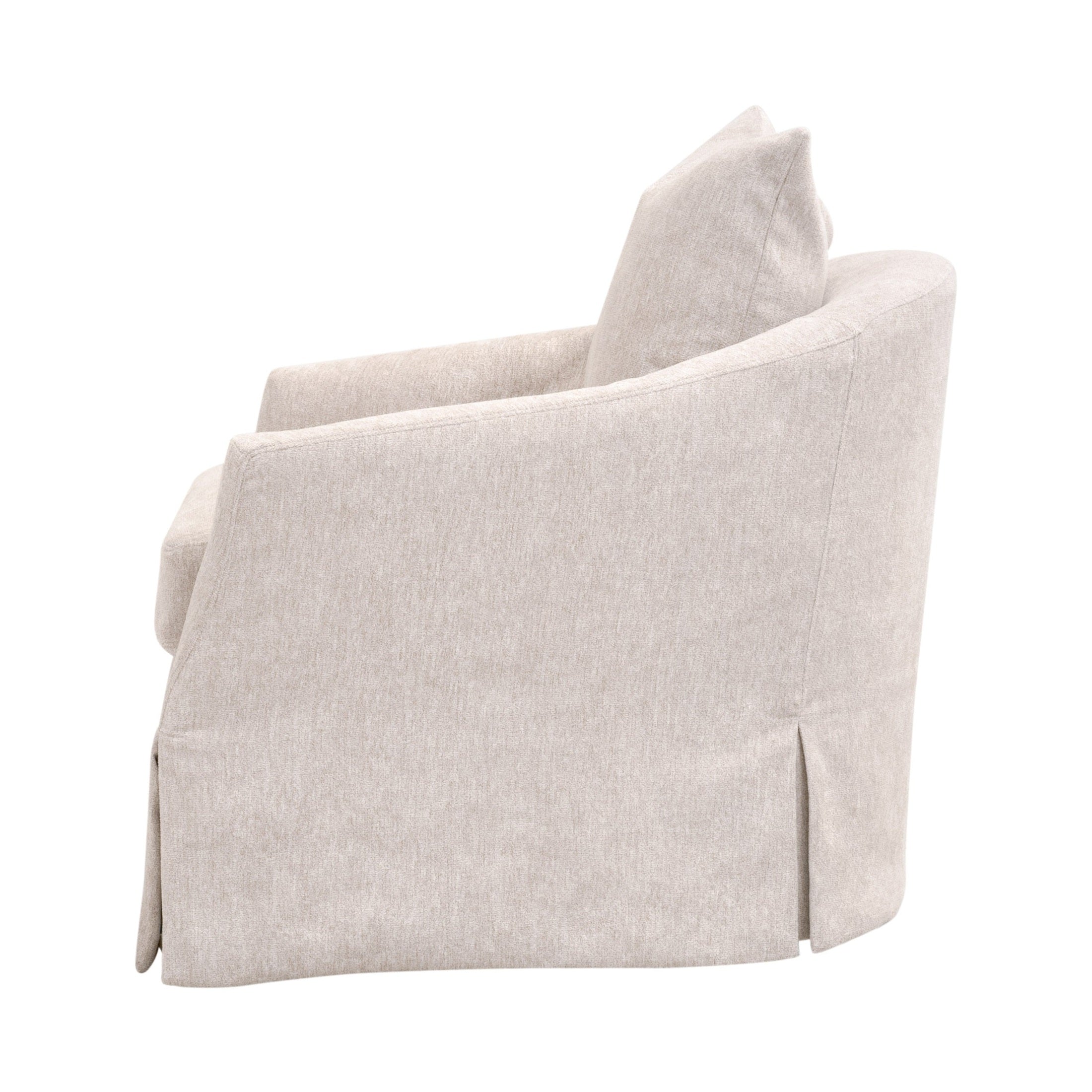 Side view of Faye Slipcover Swivel Club Chair in soft crème cotton and linen blend by Essentials For Living
