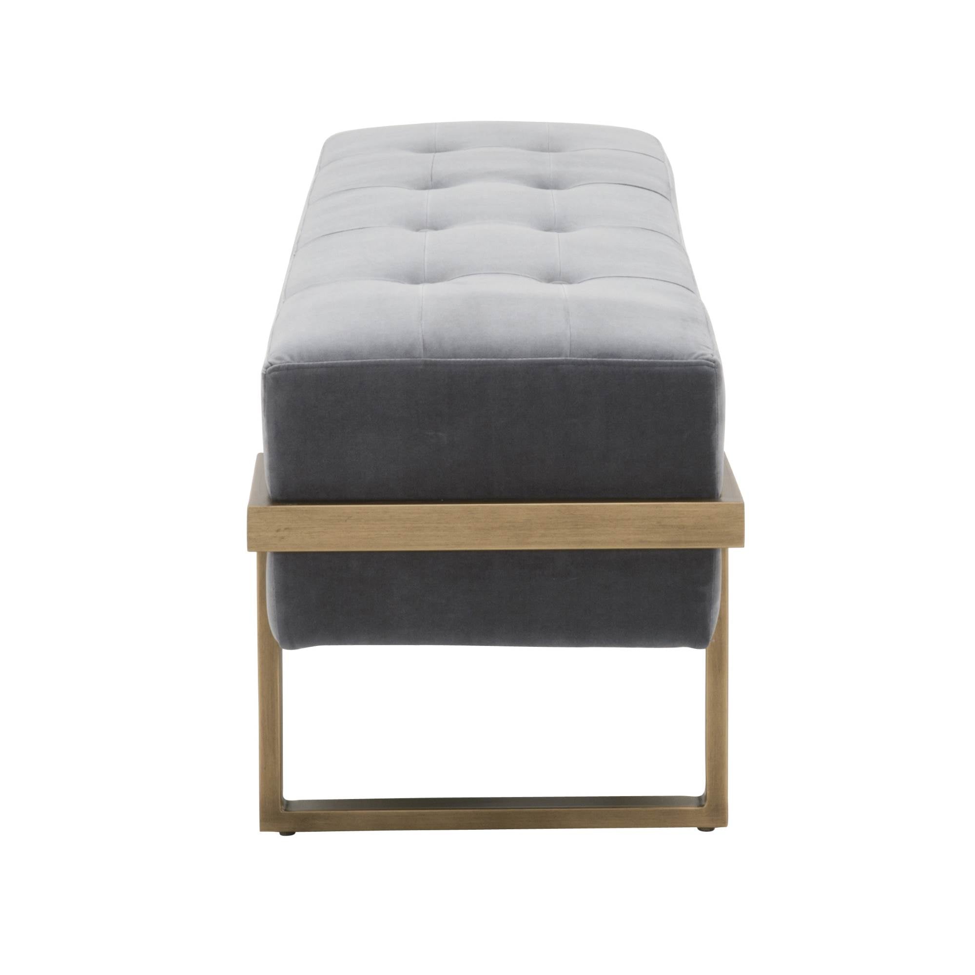 Fiona Upholstered Bench in blush gray velvet with button tufting and brass base by Essentials for Living